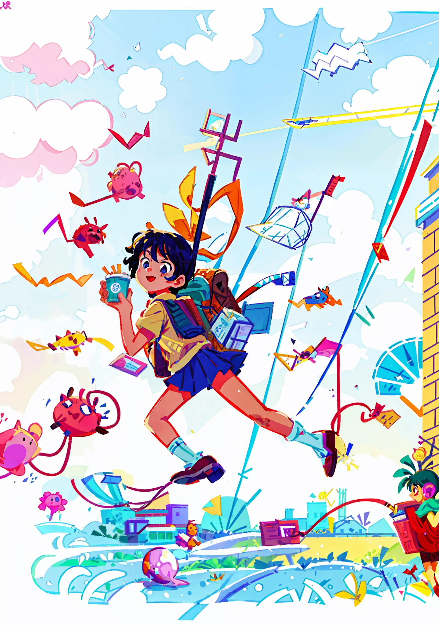 Make a flat illustration, a college student holding coffee in his hand, happy expression striding forward, carrying a school bag, school in the background, airy, flat character style, Pixar style, edge light, super delicate, bright colors