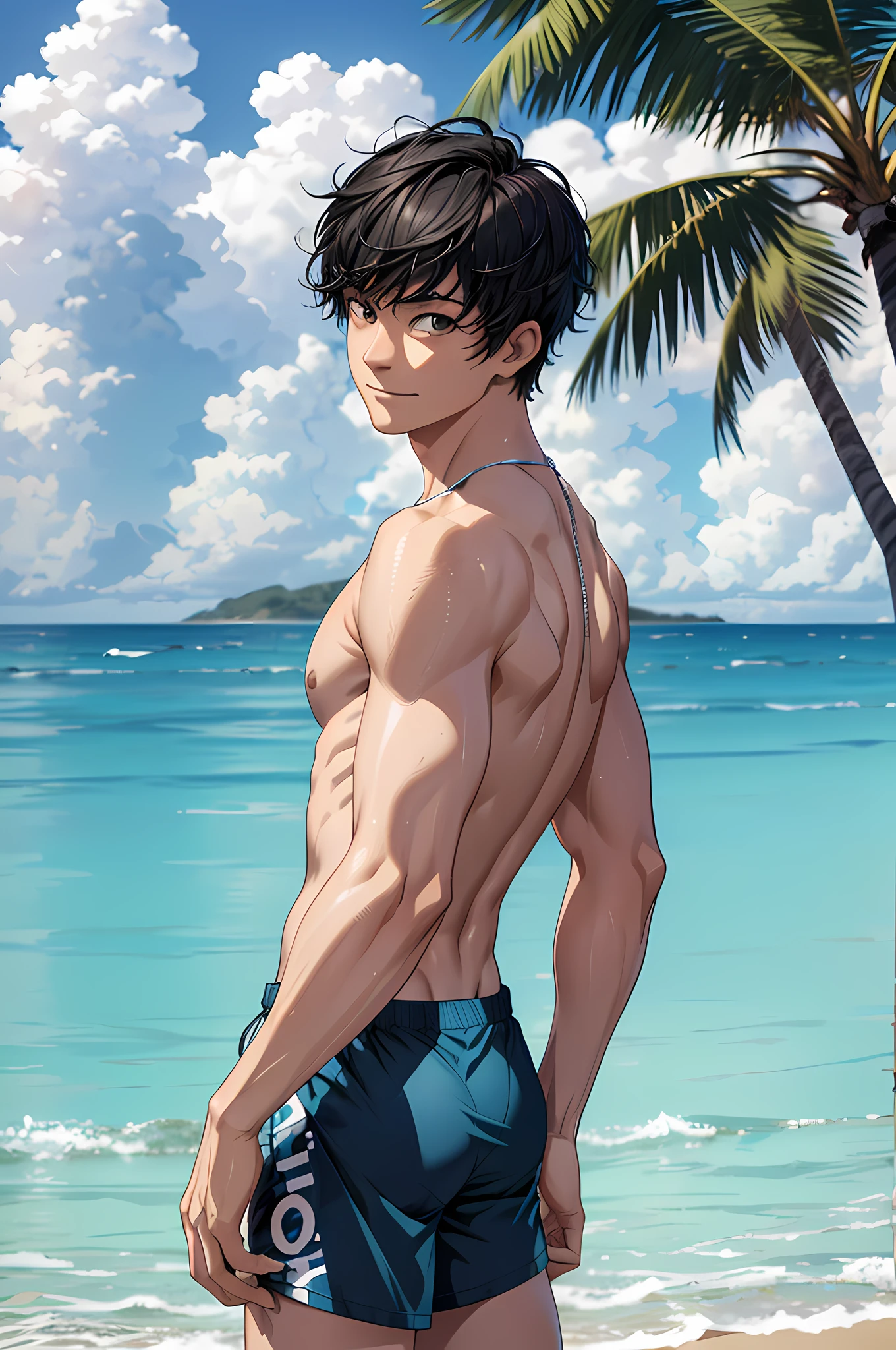 (absurdres, highres, ultra detailed, HDR), masterpiece, best quality, a boy playing surfboard in sea, solo, handsome, short hair, black hair, finely eye and detailed face, white pale skin, bare chest, swim trunks, surf, smirk, sunny sky and cloudy, full body view, from side, from behind, look at viewer