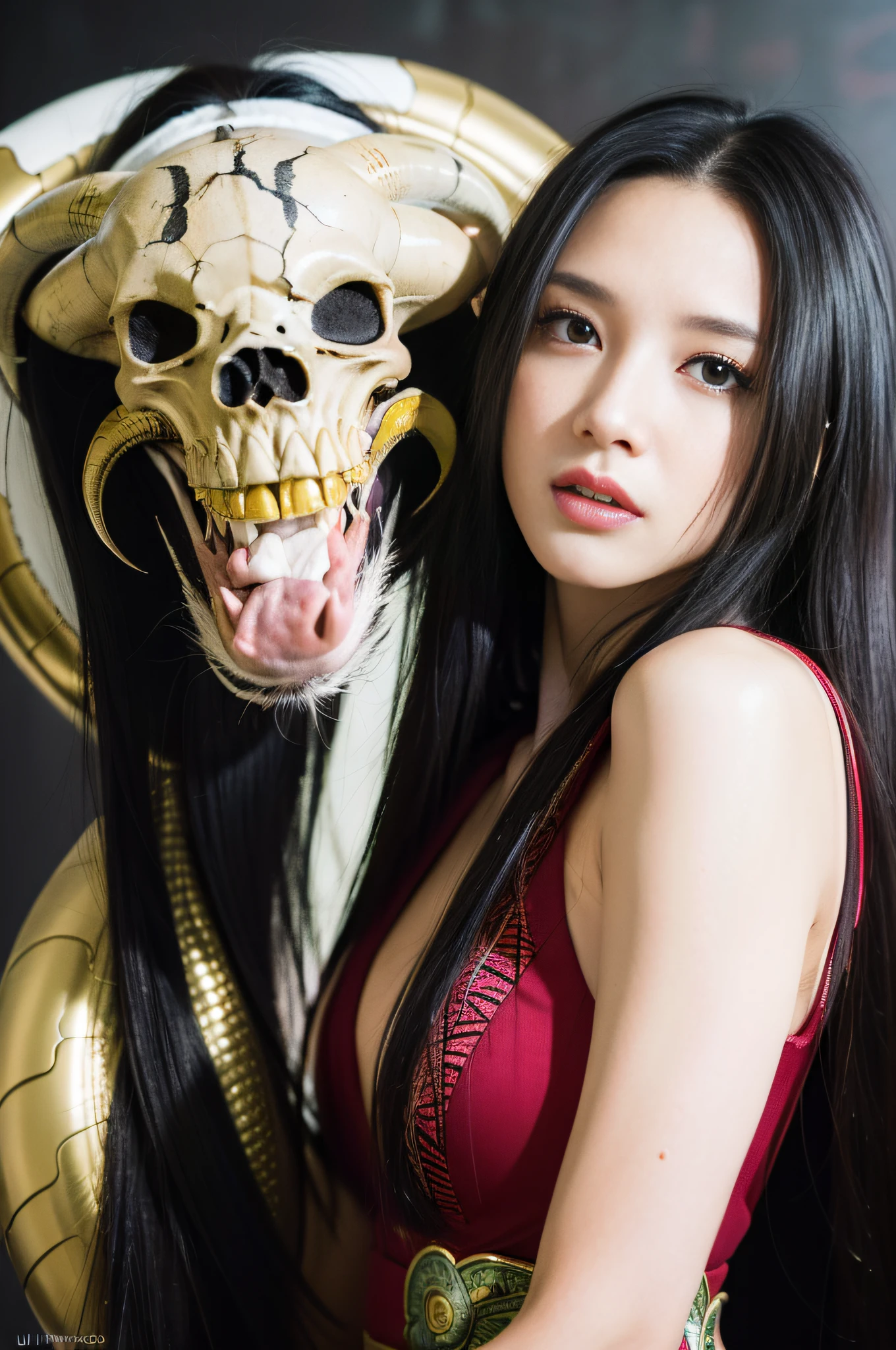 (((masterpiece+best quality+high resolution+ultra-detailed))), boa hancock, long silky black hair, high nose, sharp eyes, noble and inviolable temperament, (([female]: 1.2 + [beauty]: 1.2 + black long hair: 1.2)), snake_skull background, bright eyes, dynamic angle and posture.