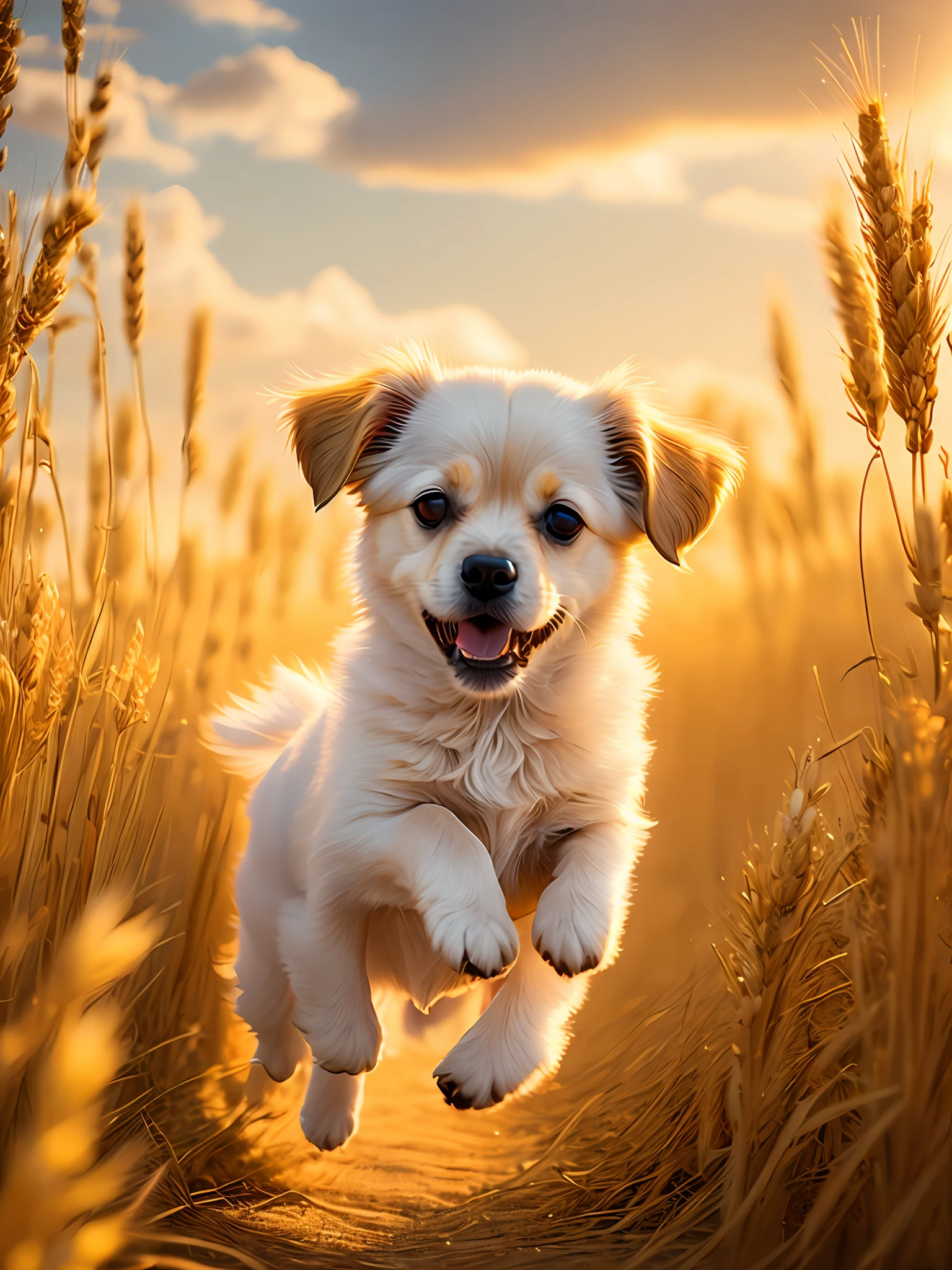 Photo of a very cute jumping puppy in a golden wheat field, sky at sunset, white clouds, soft volumetric light, (backlight: 1.3), (movie: 1.2), intricate details, (ArtStation: 1.3), Rutkowski
