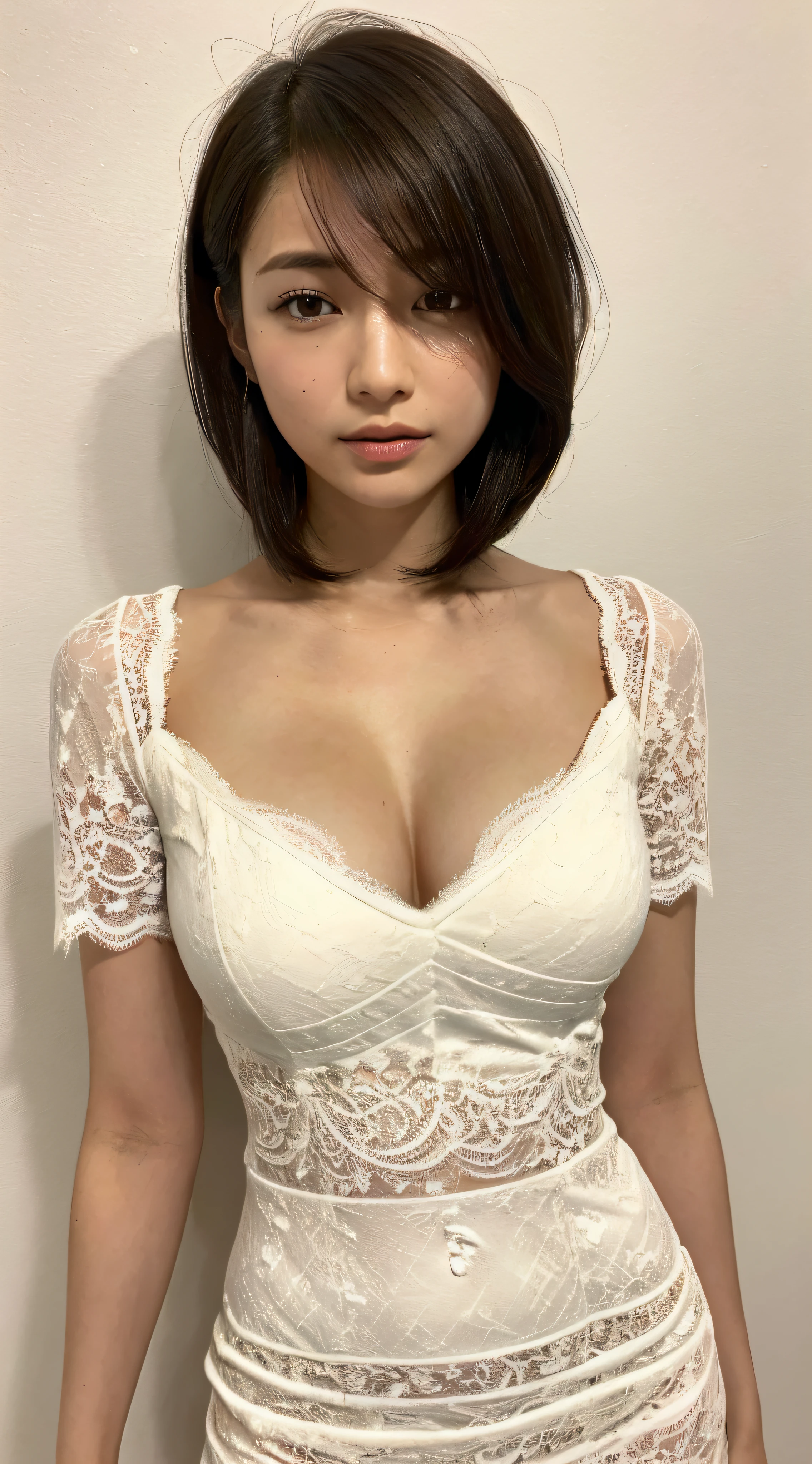 ((top quality, 8k, masterpiece: 1.3)), Sharp Focus: 1.2, Beautiful woman with perfect body: 1.4, Slim abdomen: 1.2, ((Layered haircut, big: 1.2)), (No bra) (Short sleeve lace dress: 1.1), (White background: 1.2), highly detailed face and skin texture, Detailed eyes, double eyelids, tanned skin, sexy, exposed shoulders, cleavageFemale Japan hostess