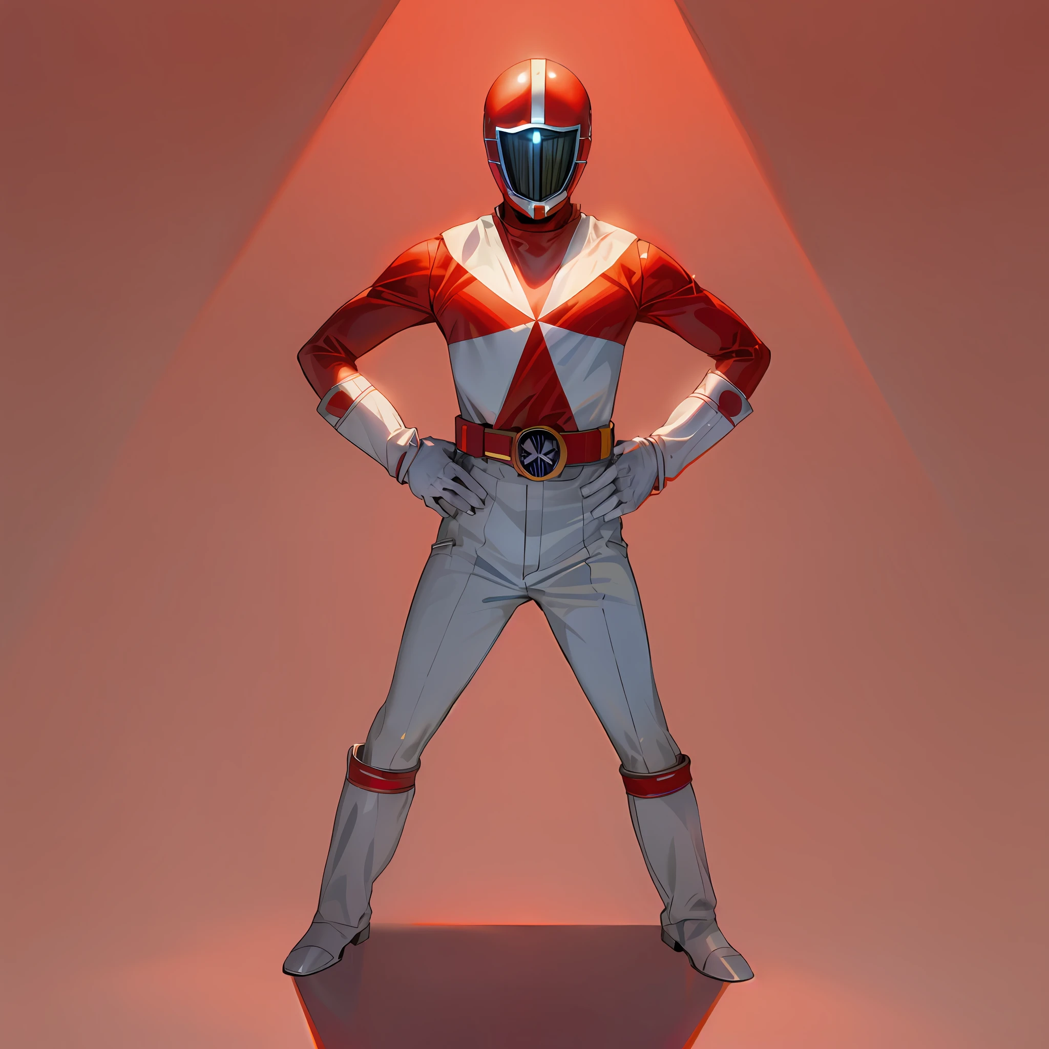 (masterpiece, high quality) 90s anime style, 90s anime, retro anime, male, solo, power ranger costume, power ranger mask, red and white outfit,