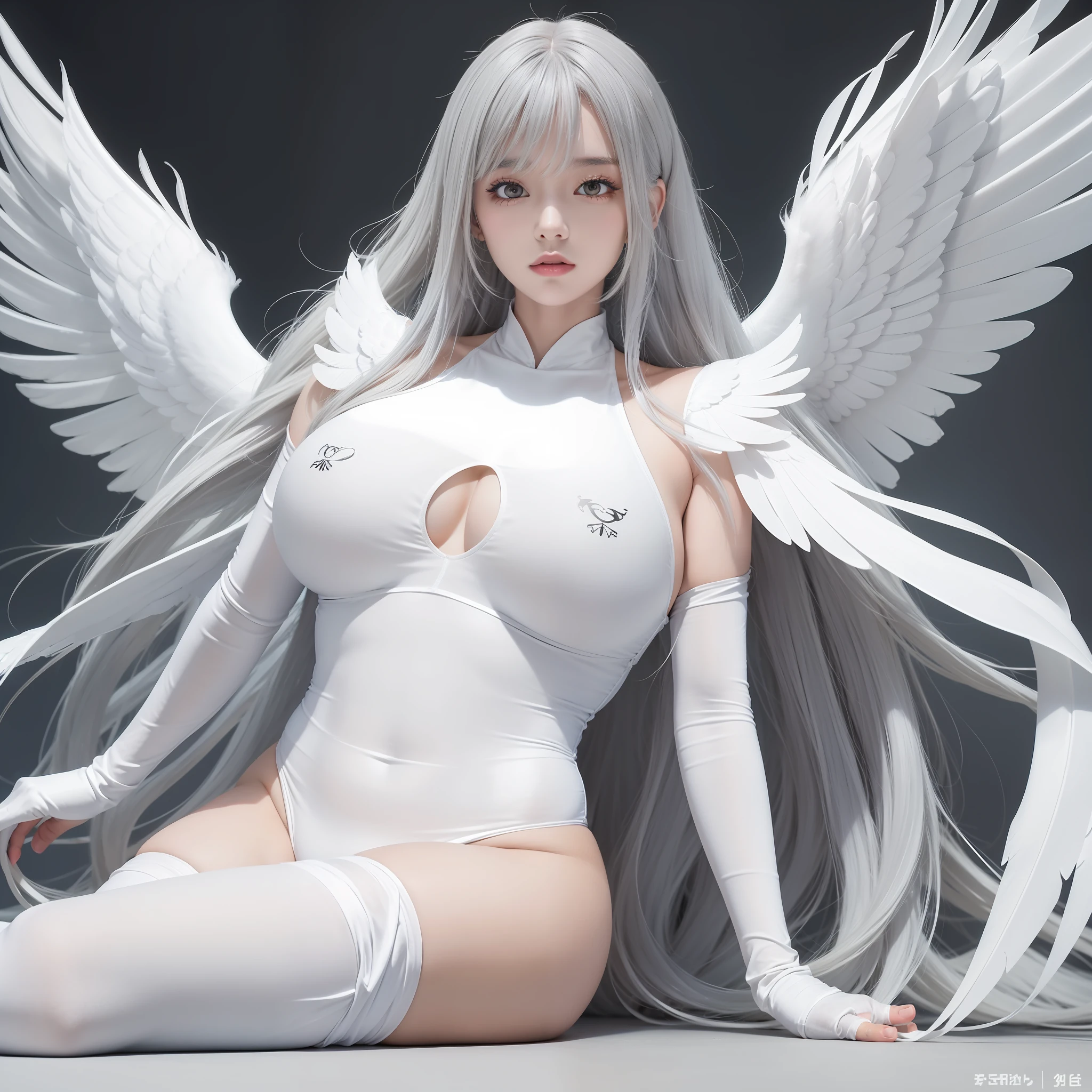 Best image quality, SLR, Big (1.55), White bodysuit, Big wings (1.5), Gold-eyed, White wings, Best Body, Japan person, Gray hair, Long hair, Body line, Voluptuous body type, Symmetrical, Beautiful feathers