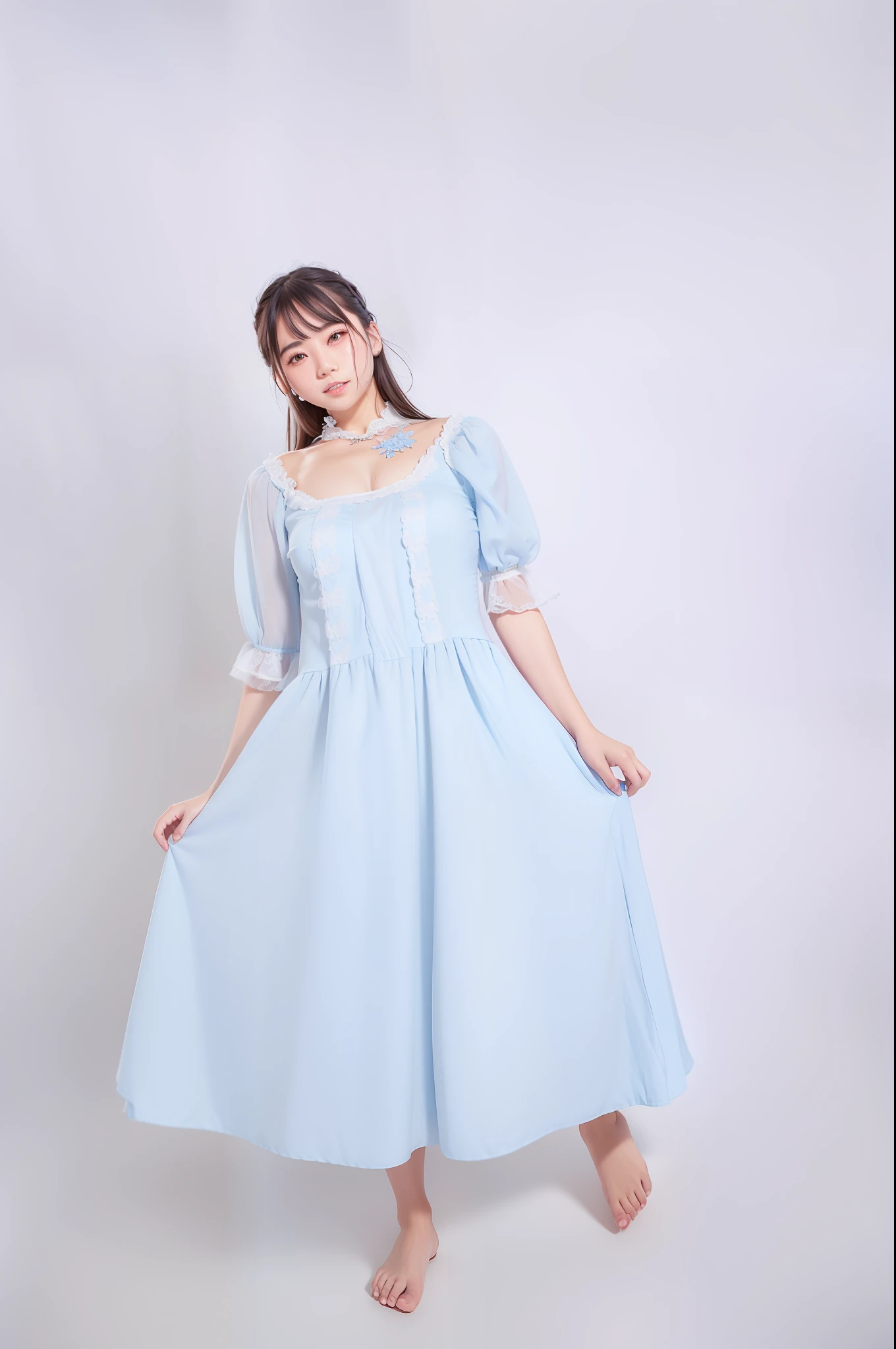 Asian girl posing in blue dress, Victorian blue dress, sky blue dress, rococo dress, peasant dress, light blue, ice blue dress, light blue dress portrait, long skirt female, rococo style dress, romantic dress, maid dress, pastel blue, full length view, victorian dress, fantasy dress