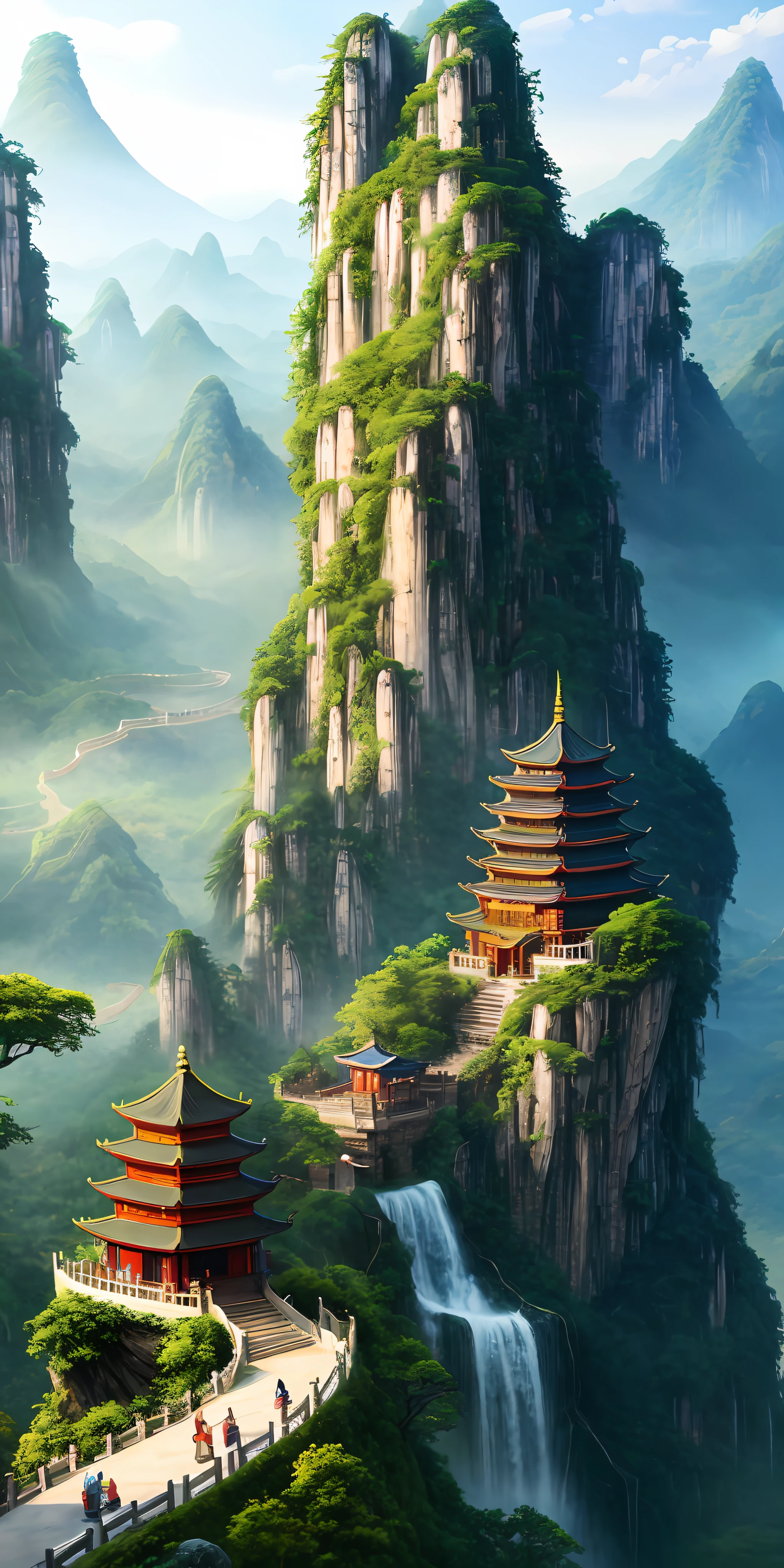 2. Mountain view with waterfall and pagoda in the middle, painted scene by Han Gan, winner of cg society competition, fantasy art, dreamy Chinese town, Chinese landscape, Chinese fantasy, made of trees and fantasy valley, ancient city view, order Impressive fantasy landscape, most epic landscape, pagoda on hill, mountainous jungle environment, avatar landscape, chinese village.