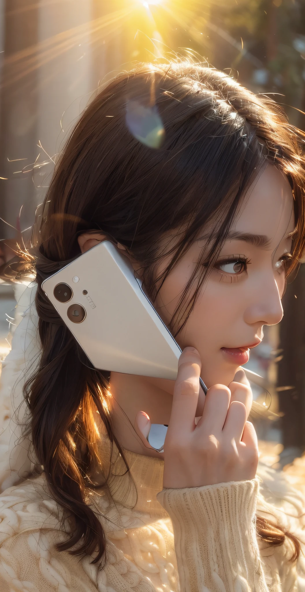 (Best Quality Detail: 1.2), Realistic, Beautiful Woman, Fiddling with Mobile Phone, Sweater, Depth of Field, Large Aperture, Sunlight, Warm Colors, 8K HD, Ultra Detail, High Quality Texture, Complex Detail, Detailed Texture, Fine Detail, High Detail, Very Detailed CG, High Quality Shadow, Delicate Beautiful Delicate Face,