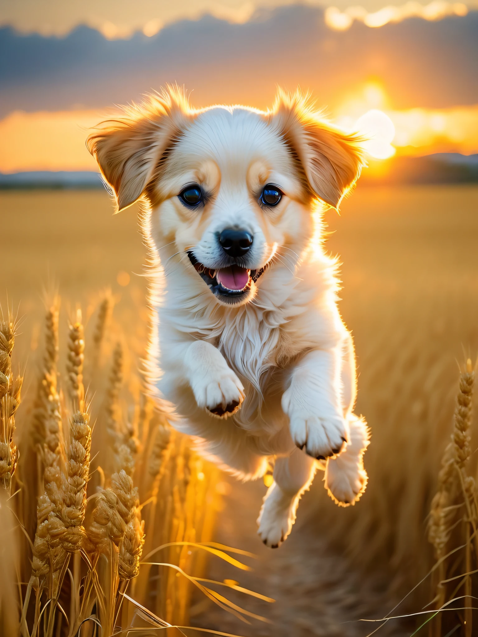 Photo of a very cute jumping puppy in a golden wheat field, sky at sunset, white clouds, soft volumetric light, (backlight: 1.3), (movie: 1.2), intricate details, (ArtStation: 1.3), Rutkowski