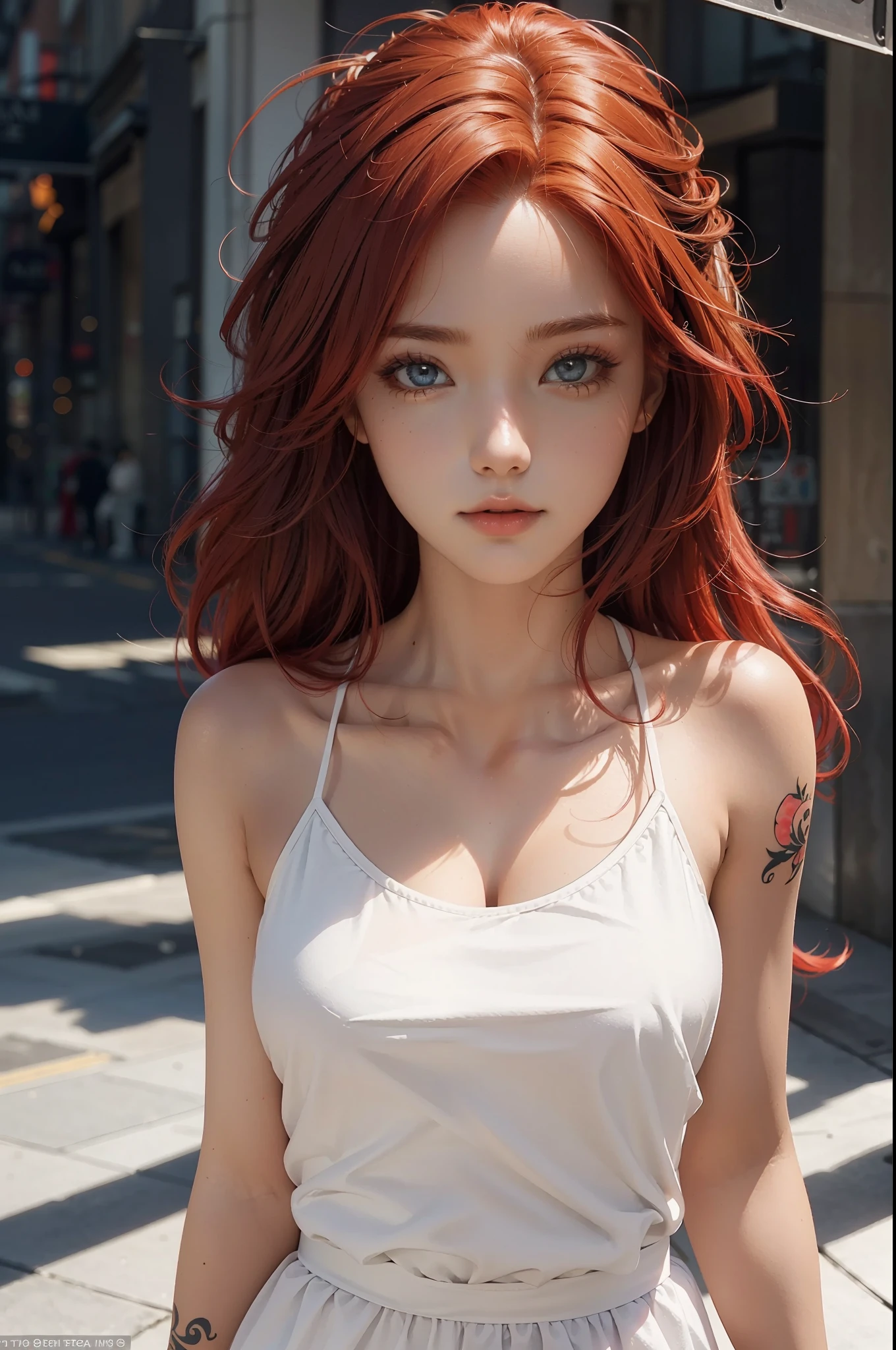 ((High Quality, Masterpiece: 1.4)), Super Nasty, 1 Girl, Full Body Tattoo, Upper Body, Light Camisole, Bright Red Hair, Red Hair, Gradient Hair, Cute Face, Beautiful Face, Beautiful Eyes, Beautiful Girl, Pretty Girl, Perfect Face Shape, Crazy, Realistic Proportions, Dynamic Pose, High Detail, Complex, Complex Details, Realistic Eyes, Realistic Eye Proportions, Sharp Focus, 32k, Realistic Lighting, Extreme Detail, Realistic Pupils, Realistic Proportions Eyes, Realistic Proportions Pupils, Realistic Shadows, Evafee