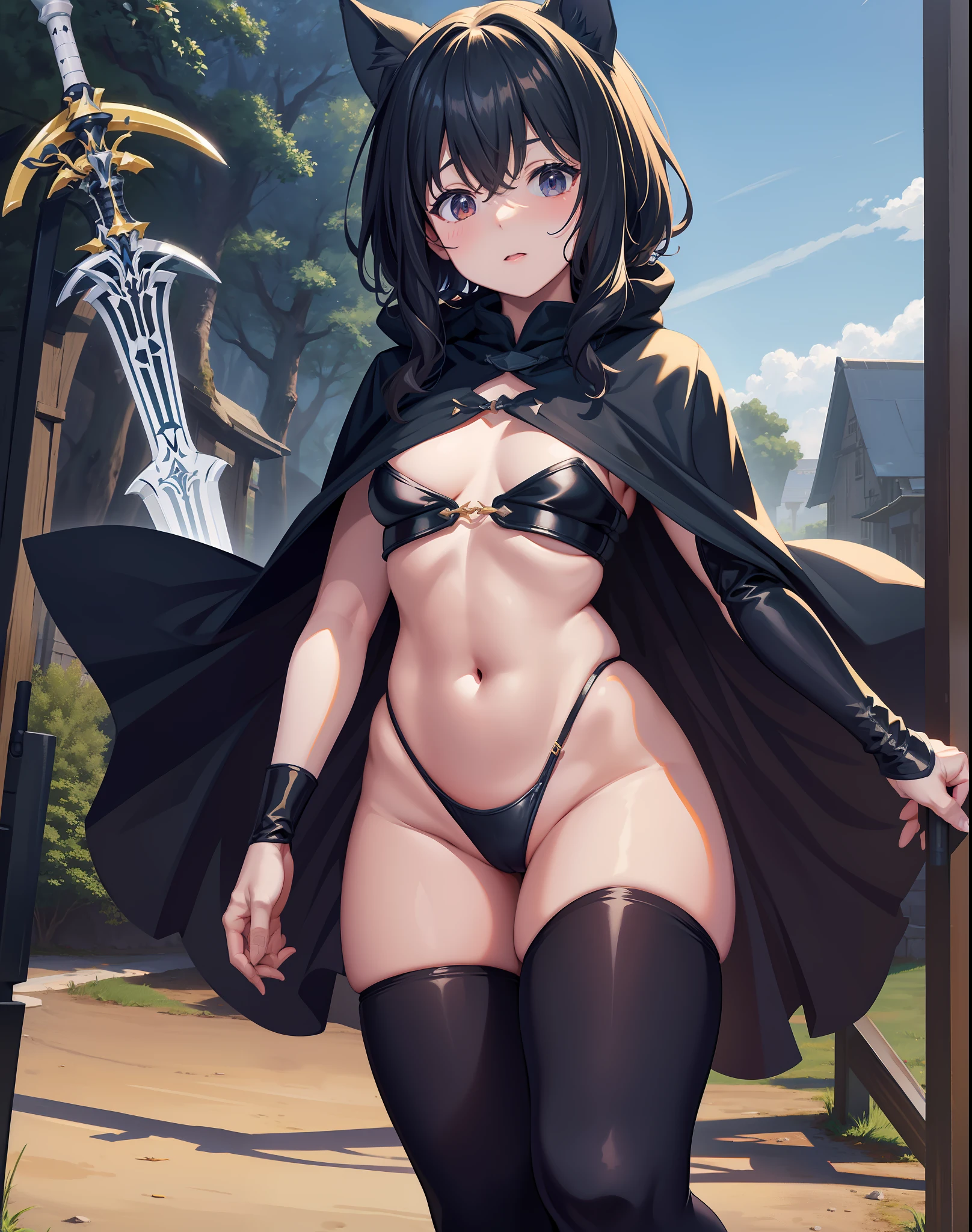 Fantasy, 1 tiny_ Girl, ()++, Kids, cat_ears, Cape,Outdoor,Leotard, Shy, (bare_groin)++, hold_huge_sword_hilt, Solo, Thighs, covered_,
