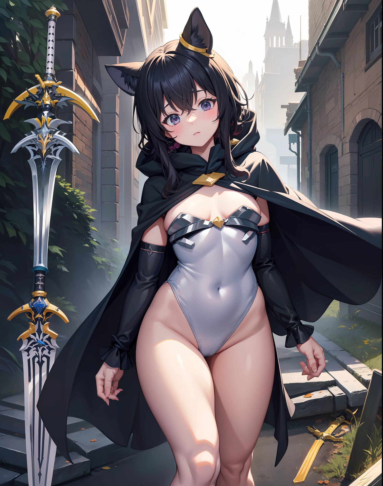 Fantasy, 1 tiny_ Girl, ()++, Kids, cat_ears, Cape,Outdoor,Leotard, Shy, (bare_groin)++, hold_huge_sword_hilt, Solo, Thighs, covered_,