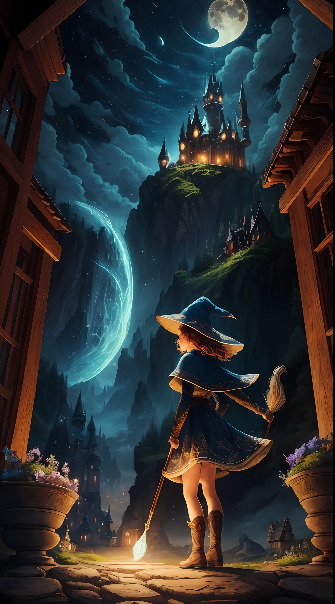 masterpiece, best quality, ultra-detailed, illustration, 1girl, solo, fantasy, flying, broom, night sky, outdoors, magic, spells, moon, stars, clouds, wind, hair, cape, hat, boots, broomstick, glowing, mysterious, enchanting, whimsical, playful, adventurous, freedom, wonder, imagination, determination, skill, speed, movement, energy, realism, naturalistic, figurative, representational, beauty, fantasy culture, mythology, fairy tales, folklore, legends, witches, wizards, magical creatures, fantasy worlds, composition, scale, foreground, middle ground, background, perspective, light, color, texture, detail, beauty, wonder.