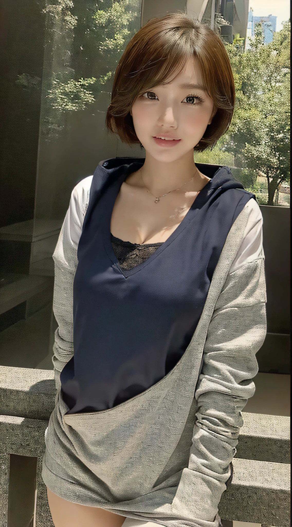 ((Natural light, top quality, 8k, masterpiece: 1.3)), park with lake, short hair, rough clothes, hoodie, casual dress, cleavage, sexy pose