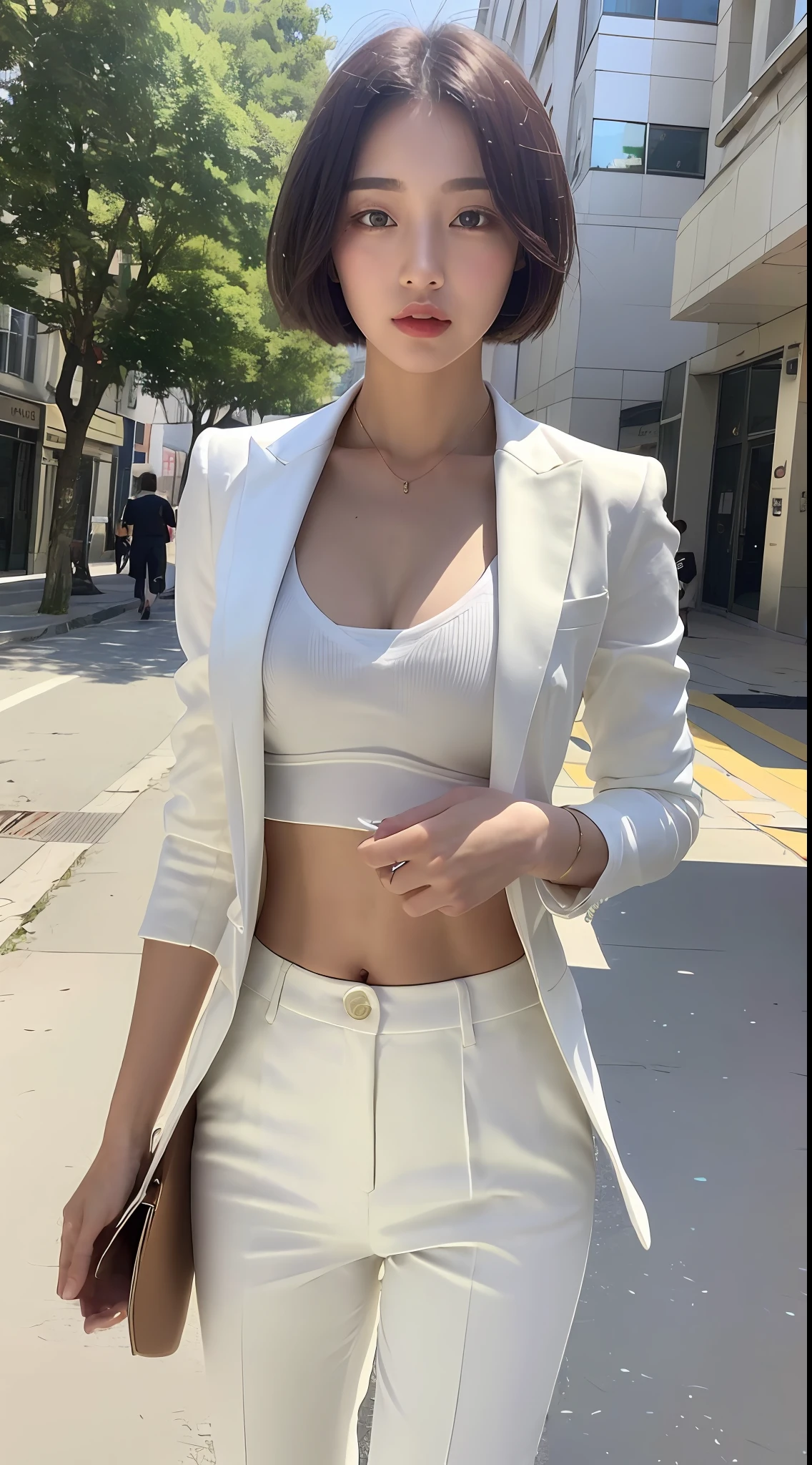 ((Best Quality, 8K, Masterpiece:1.3)), 1girl, Slim Abs Beauty:1.3, (Short hairstyle, ), White suit:1.1, Super fine face, Fine eyes, Double eyelids, Street view,