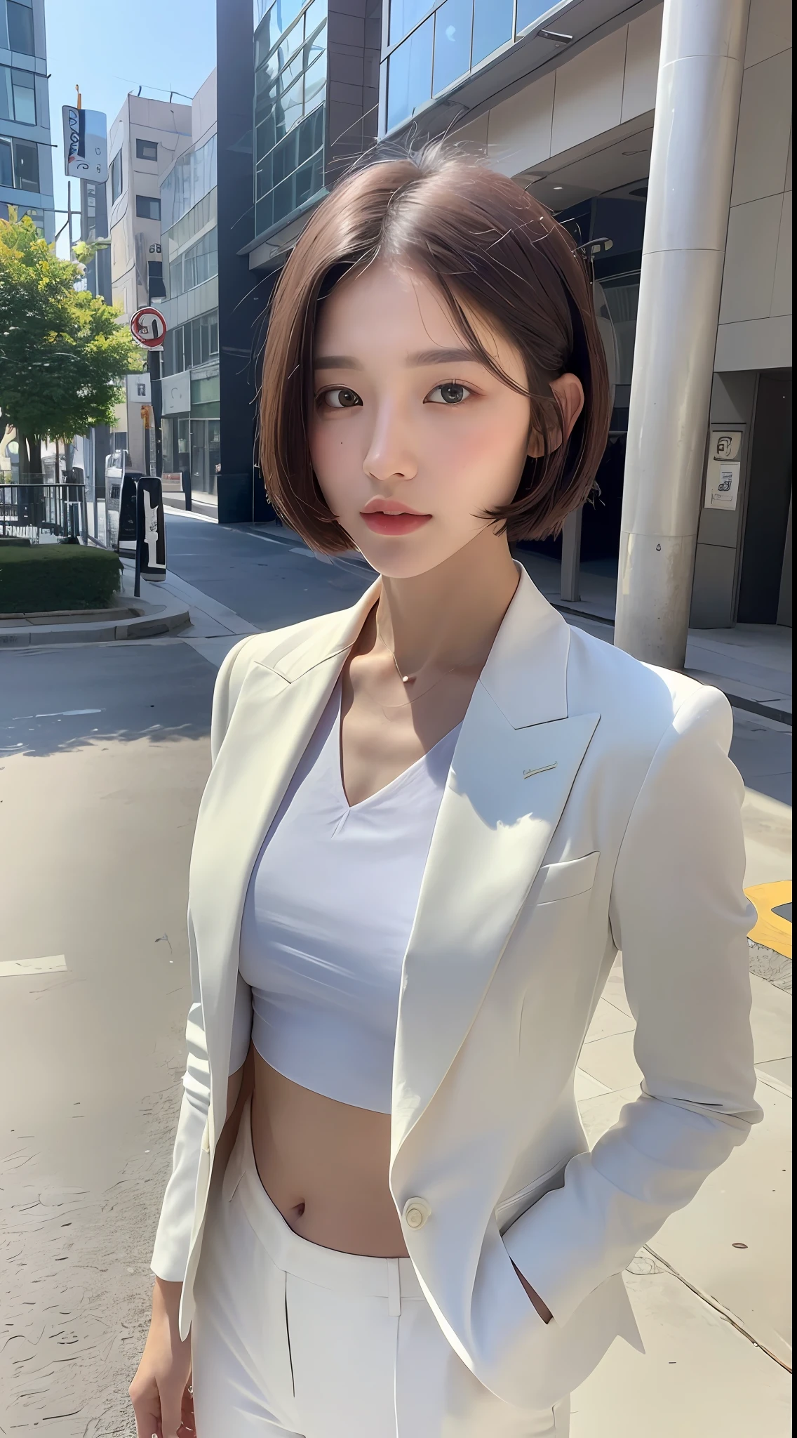 ((Best Quality, 8K, Masterpiece:1.3)), 1girl, Slim Abs Beauty:1.3, (Short hairstyle, ), White suit:1.1, Super fine face, Fine eyes, Double eyelids, Street view,
