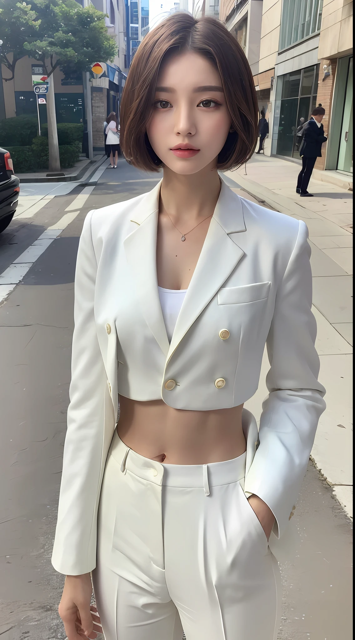 ((Best Quality, 8K, Masterpiece:1.3)), 1girl, Slim Abs Beauty:1.3, (Short hairstyle, ), White suit:1.1, Super fine face, Fine eyes, Double eyelids, Street view,