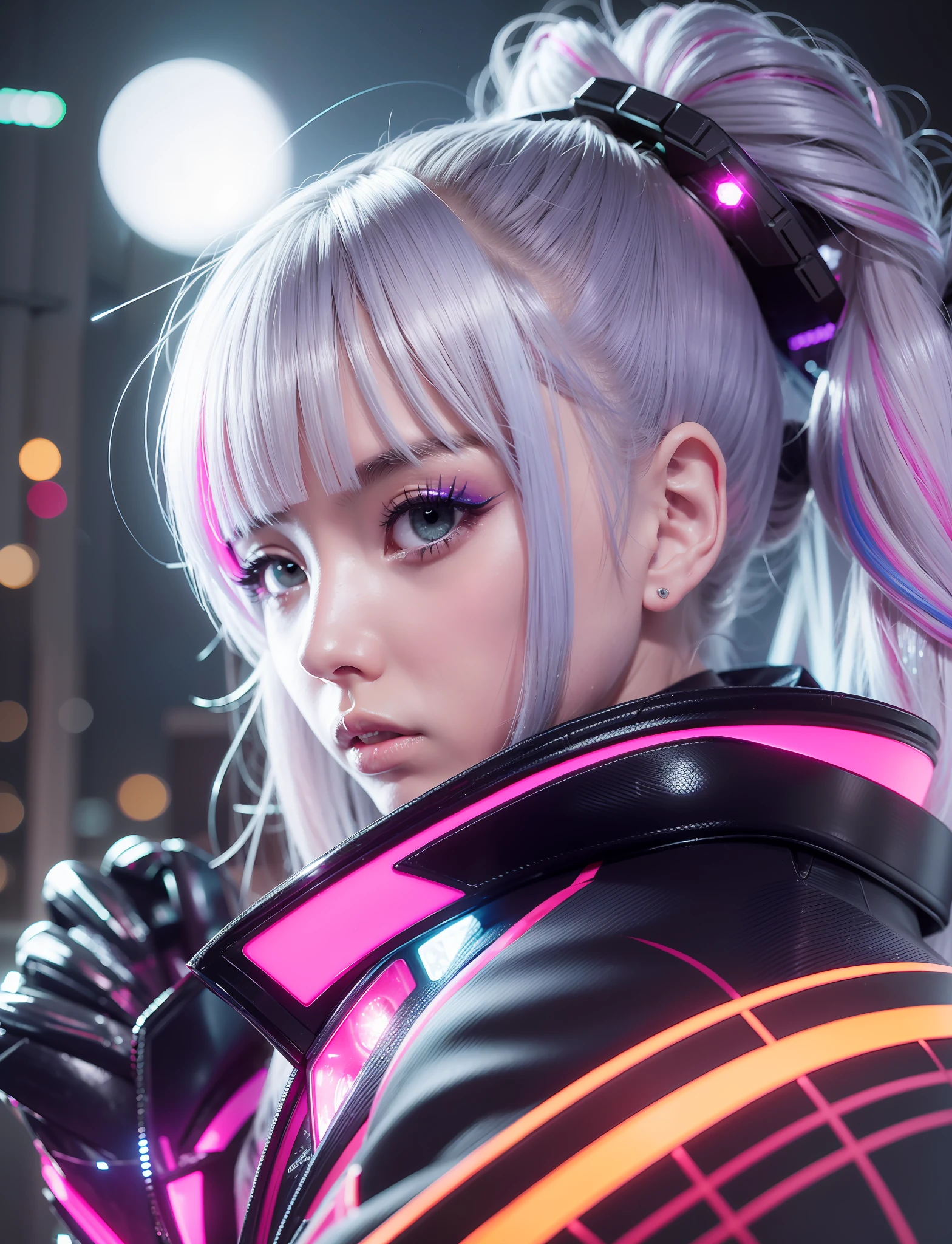 Young 1 Japan girl dressed in shiny clothes as a cyberpunk character in neonninja style, futuristic city. Hair scrunchies, princess cut, silver hair, colored tips, medium hair, multicolored hair, bangs parting, parted lips, red lips, full moon, gray eyes, sexiness and coolness, night, neon, futuristic, concept art, blade runner worldview, toron worldview, ghost in the shell world view, painting, illuminated, close-up, detailed light, backlit glow. Rainy night in cyberpunk city with glowing neon lights. Dynamic and dynamic composition.