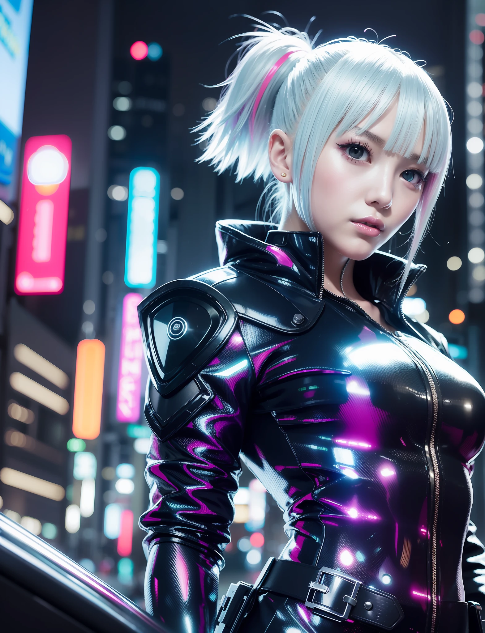 Young 1 Japan girl dressed in shiny clothes as a cyberpunk character in neonninja style, futuristic city. Hair scrunchies, princess cut, silver hair, colored tips, medium hair, multicolored hair, bangs parting, parted lips, red lips, full moon, gray eyes, sexiness and coolness, night, neon, futuristic, concept art, blade runner worldview, toron worldview, ghost in the shell world view, painting, illuminated, close-up, detailed light, backlit glow. Rainy night in cyberpunk city with glowing neon lights. Dynamic and dynamic composition.