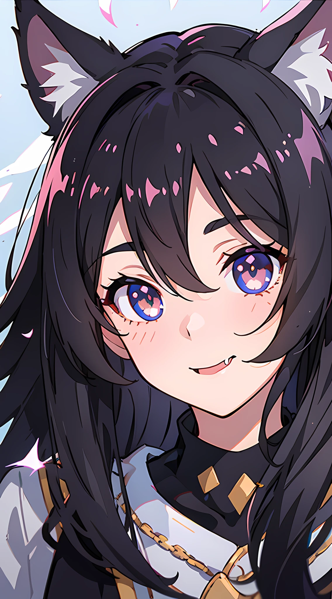 black hair, hair bobbles, wince, longeyelashes, solid circle eyes, fake animal ears, light smile, ear blush, fang, black hair, long hair, halo, cat ears, tongue, Surrealism, drop shadow, anaglyph, stereogram, tachi-e, pov, atmospheric perspective, anime, 8k, super detail, ccurate, best quality, 16k, award winning, best quality, anatomically correct, masterpiece,perfekt teeth
