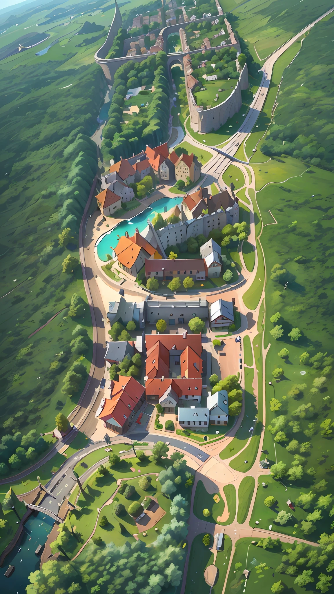 aerial view of a residential area with a river and a road, aerial illustration, bird's - eye view, bird's-eye view, bird - eye view, aerial shot, by Stefan Gierowski, an illustration, ariel view, by Adam Marczyński, overview, bird's eye view, close portrait, rendering, isometric map