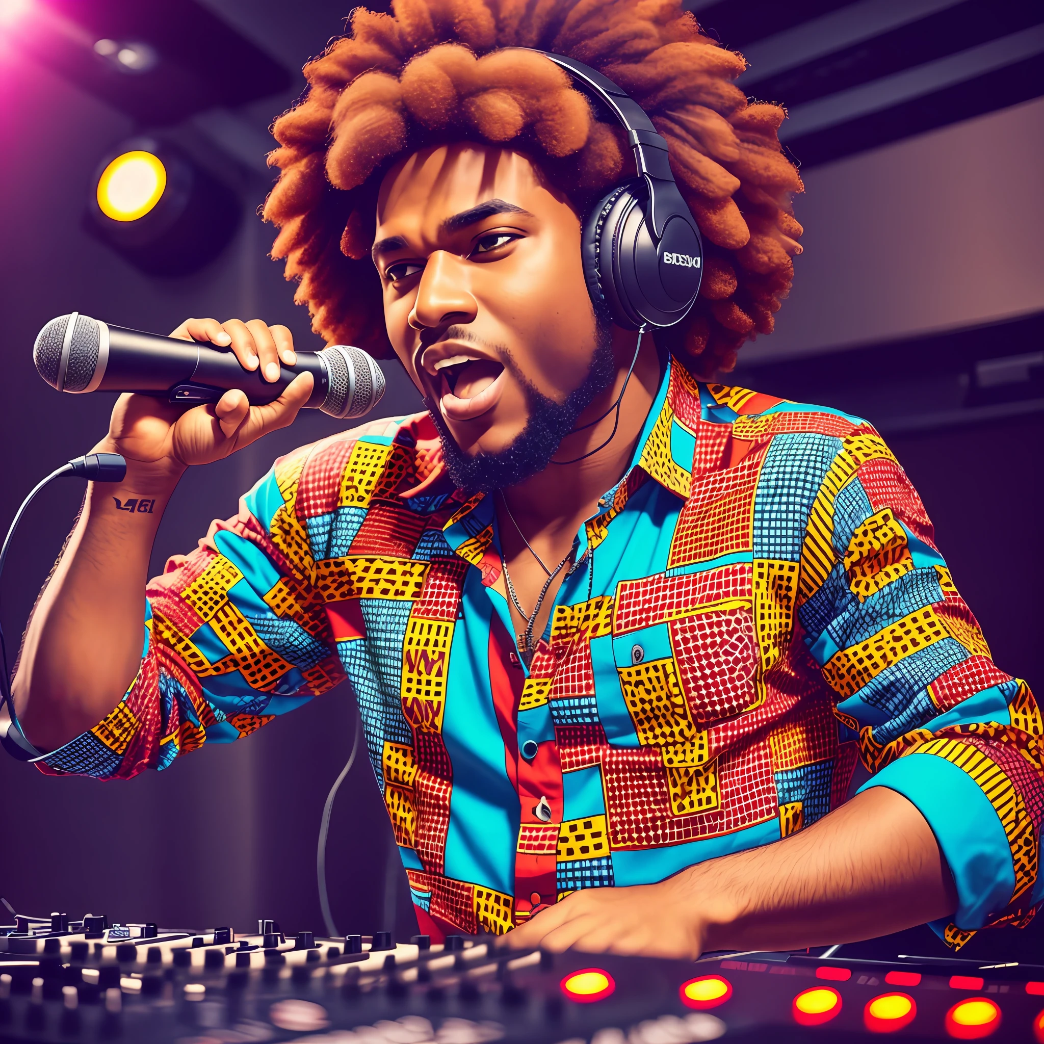 Male DJ, radio station, afro hair, 70's snappy patterned shirt, headphones, big classic microphone, screaming into the mic, song introduction, Let's Go --auto --s2