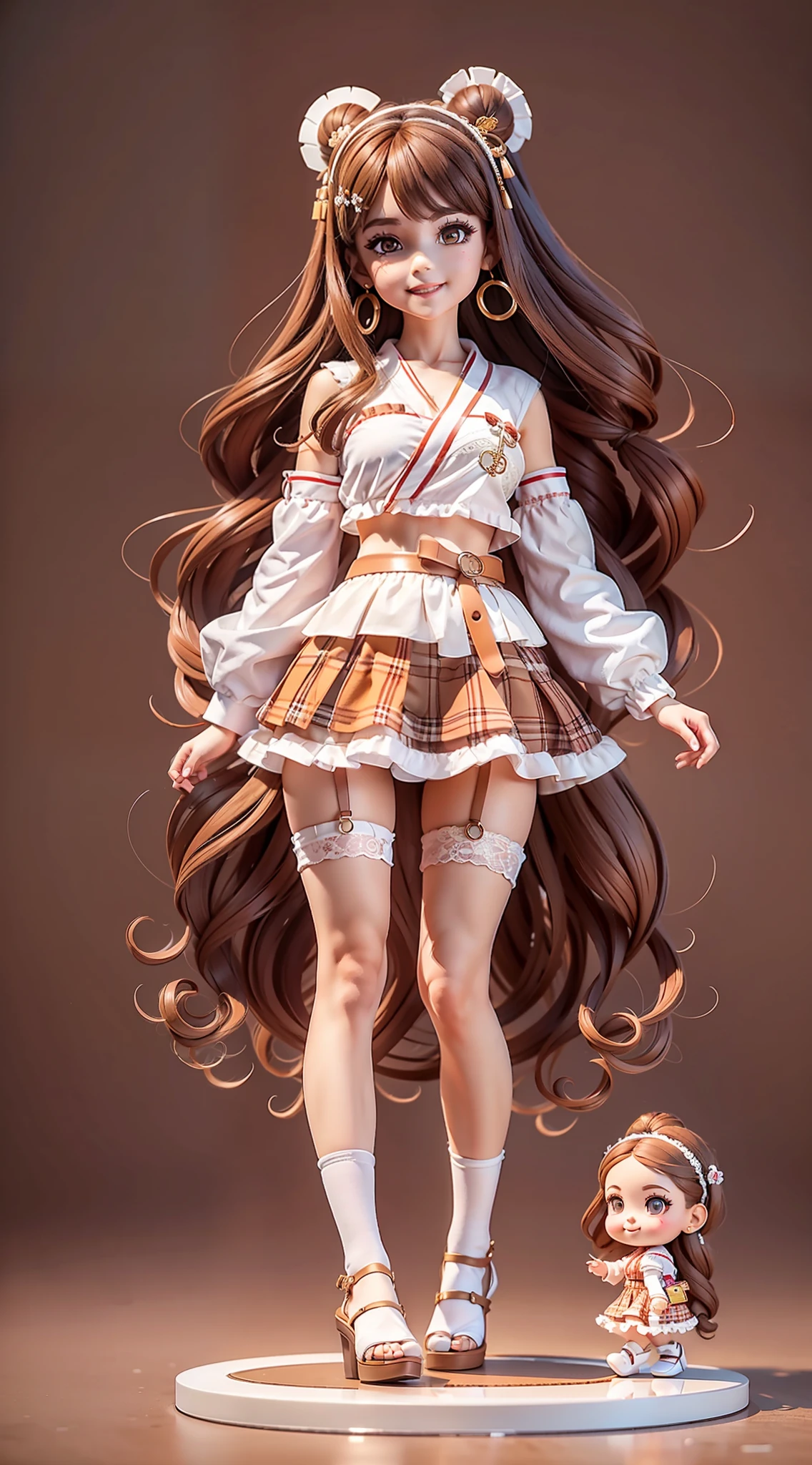 1girl, (anatomically correct), full body, (white shirt:1.1), (plaid skirt: 1.1), school sportswear, lace kimono, (brown stockings), (brown heels), broken [brown: pink: 0.5] theme, (gradient background: 1.1), long hair, (monkey hair ring), dark eyes, smile, delicate headdress, clay texture, standing on round transparent glass, blind box toy style, sideways, panorama, (masterpiece: 1.1), (best quality: 1.1)
