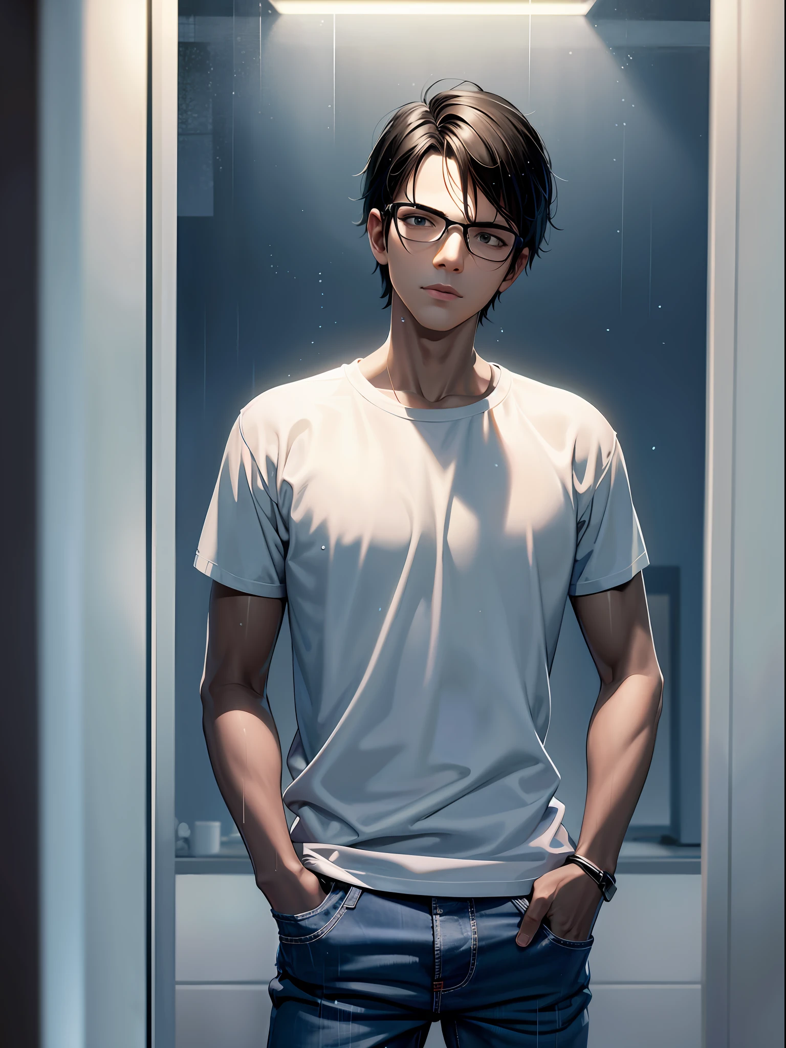 a teenager male, black hair, wear glasses, T-shirt, jeans, dark nifht, heavy rain, lonely, panorama, ray tracing, reflection light, chiaroscuro, cinematic lighting, glowing light, masterpiece, best quality, high details, highres, ccurate, textured skin, high quality, UHD, HD