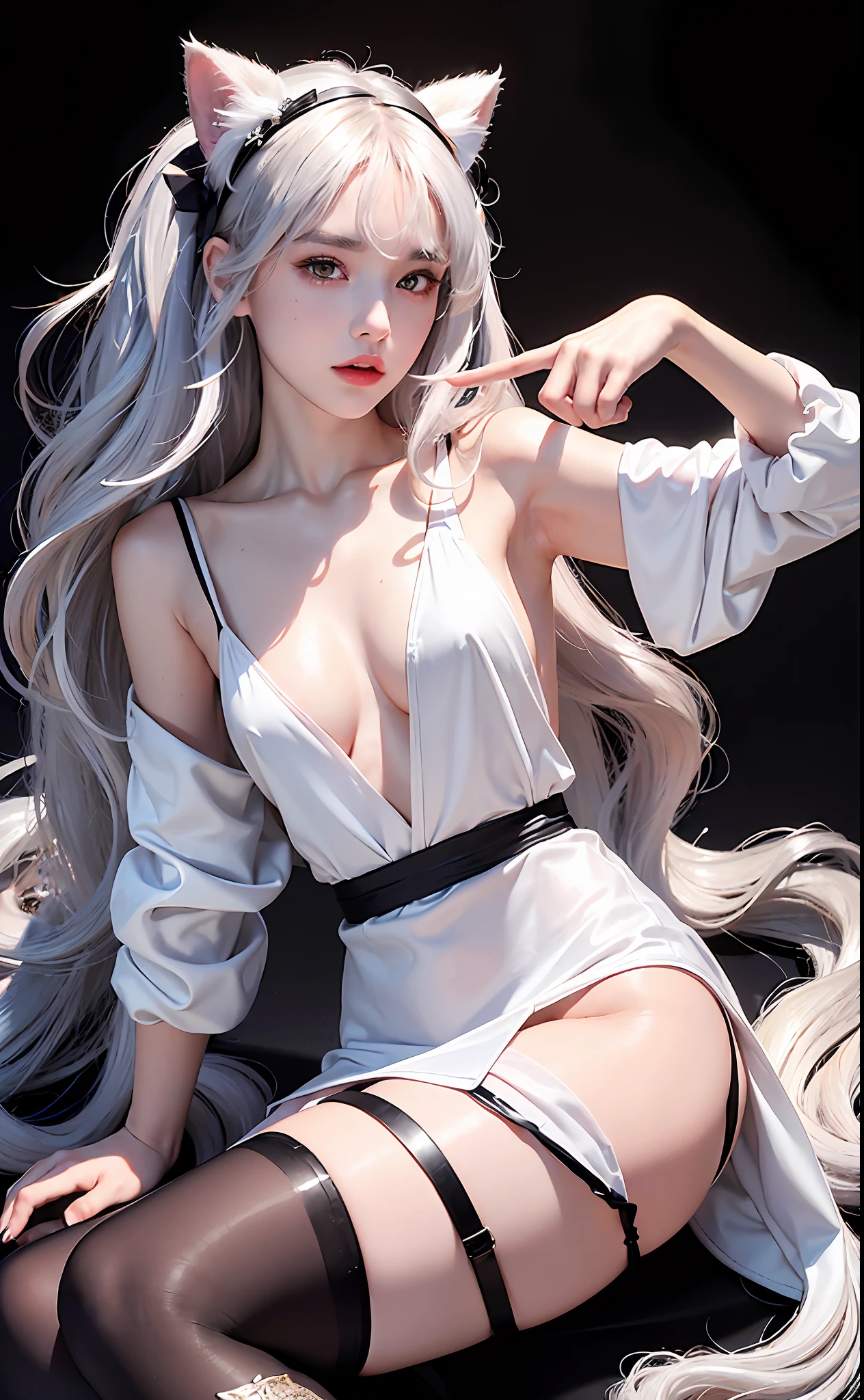 (Masterpiece, Lifelike, Highlights, 4K, Masterpiece, Best Quality), ((1 Girl Girl): 1 Girl, Chinese, ((White Wavy Hair): 1 Girl Girl, Girl), (Heterochromic Eyes: 1 Girl Girl, Thick Eyebrows,), (White Gorgeous Hoodie, Black Short Skirt), ((): 1 Girl with Small Waist and Long Legs), Milk Secretion, Exposed,, Protruding, Obsceneness, Exposed Collarbones, Raised Ears, Delicate Face, Correct limbs, exposed intimate area, masturbation, side breasts, charming and coquettish, silver hair, black transparent pantyhose, black silk, nao, no, black stockings, white hair, cat ears
