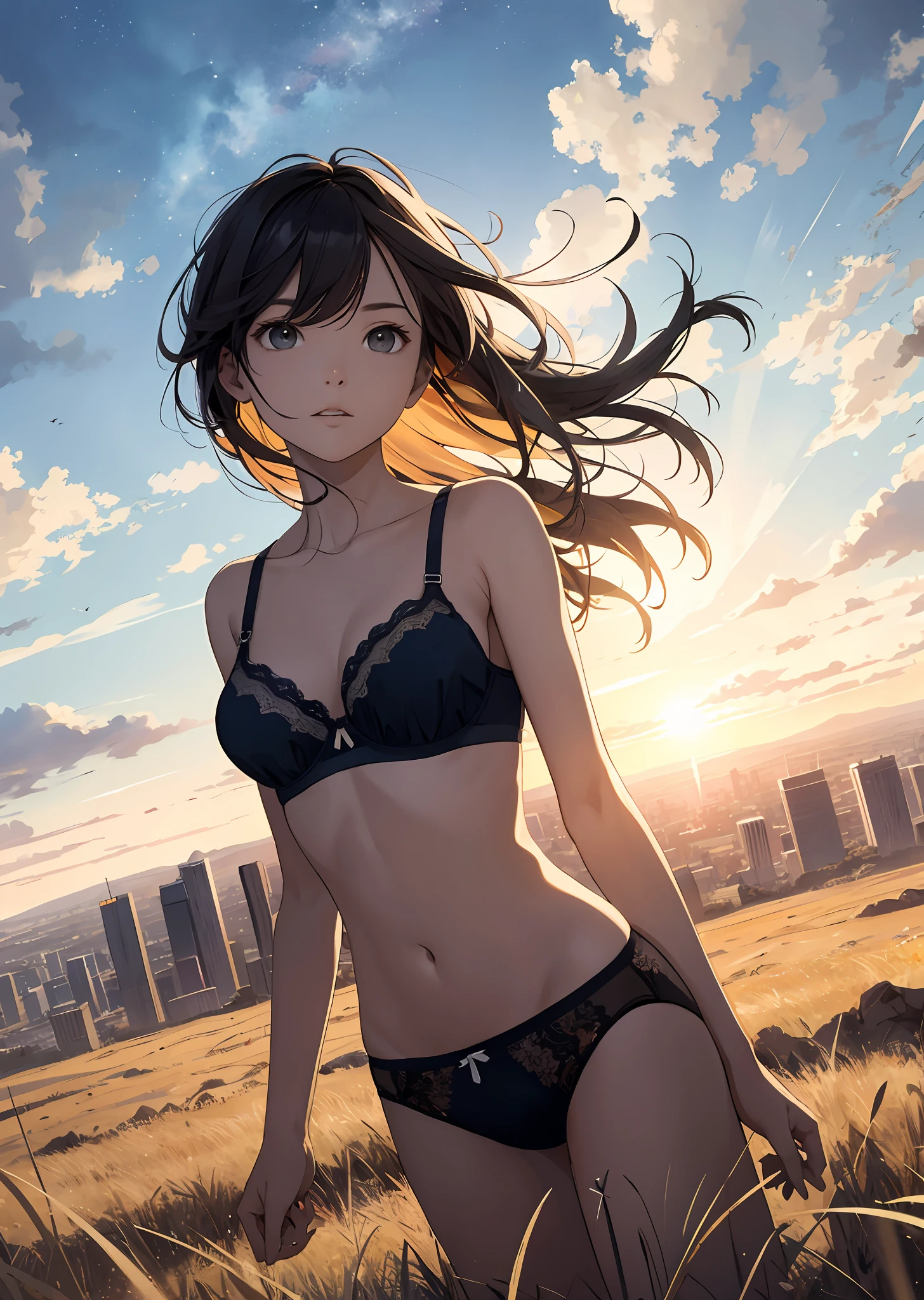 Vast sky, beautiful skyline, wide grasslands, very tense and dramatic pictures, moving visual effects, hanging high Polaris, colorful natural glare. Girl in bra and panties
