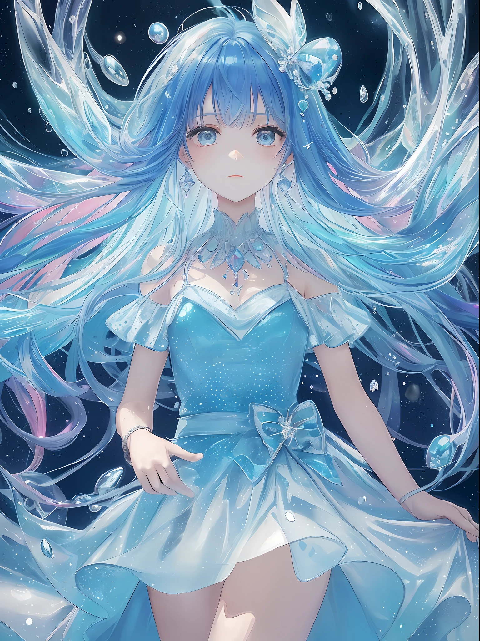 (Masterpiece, Top Quality, Best Quality, Official Art, Beautiful and Aesthetic: 1.2), (1 Girl: 1.3), (Fractal Art: 1.3), Disney, Water Fairy, Dot, Upper Body, ( Shining, Big Crystal: 1.3),Sideways, Pattern, (iridescent hair, Colorful hair: 1.2), Long Hair, (Soap bubbles in the background, sizes of various sizes, different colors, shining, floating) night, luminescent girl, (bare shoulders,very clofuldress,, polka dot dress,),sad face, transparent world,rainbow world,
