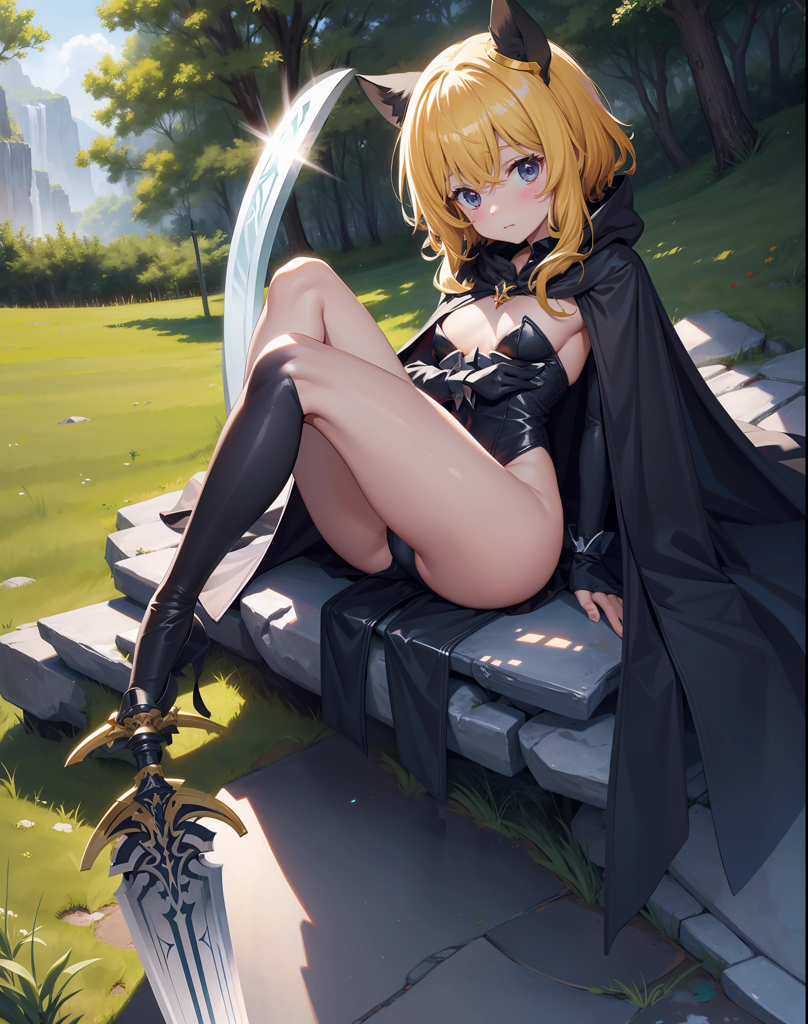 Fantasy, 1 tiny_ Girl, (Loli)++, slender_child, cat_ears, Cape,Outdoor,Leotard, Shy, (bare_groin)++, hold_huge_sword_hilt, Solo, Thigh, covered_,