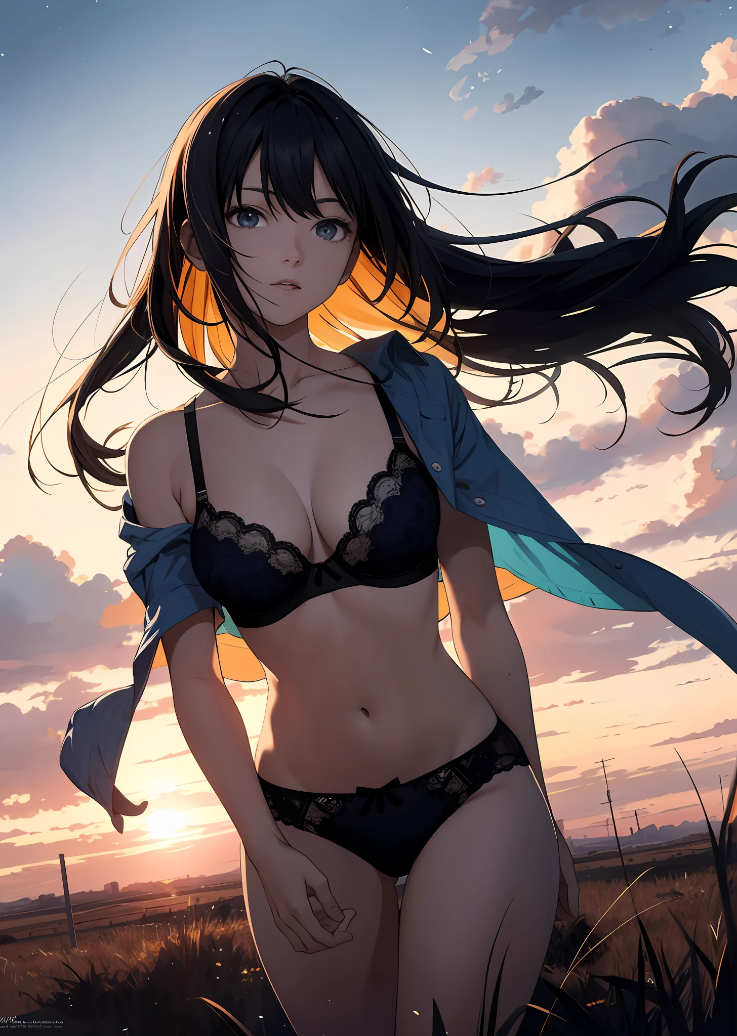 Vast sky, beautiful skyline, wide grasslands, very tense and dramatic pictures, moving visual effects, hanging high Polaris, colorful natural glare. Girl in bra and panties