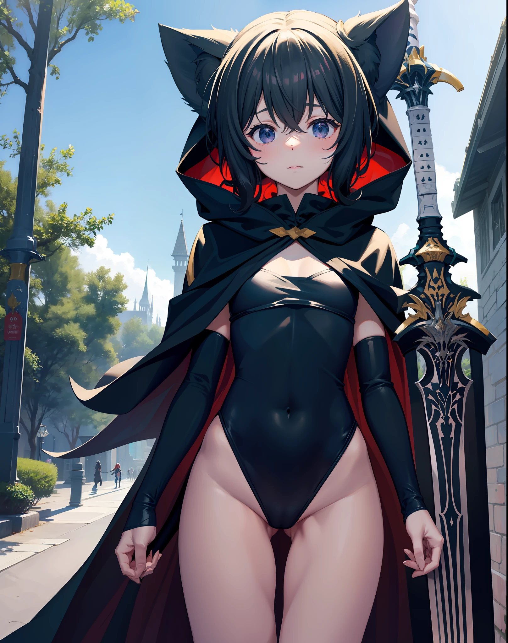 Fantasy, 1 tiny_ Girl, ()++, slender_child, cat_ears, Cape,Outdoor,Leotard, Shy, (bare_groin)++, hold_huge_sword_hilt, Solo, Thigh, covered_,