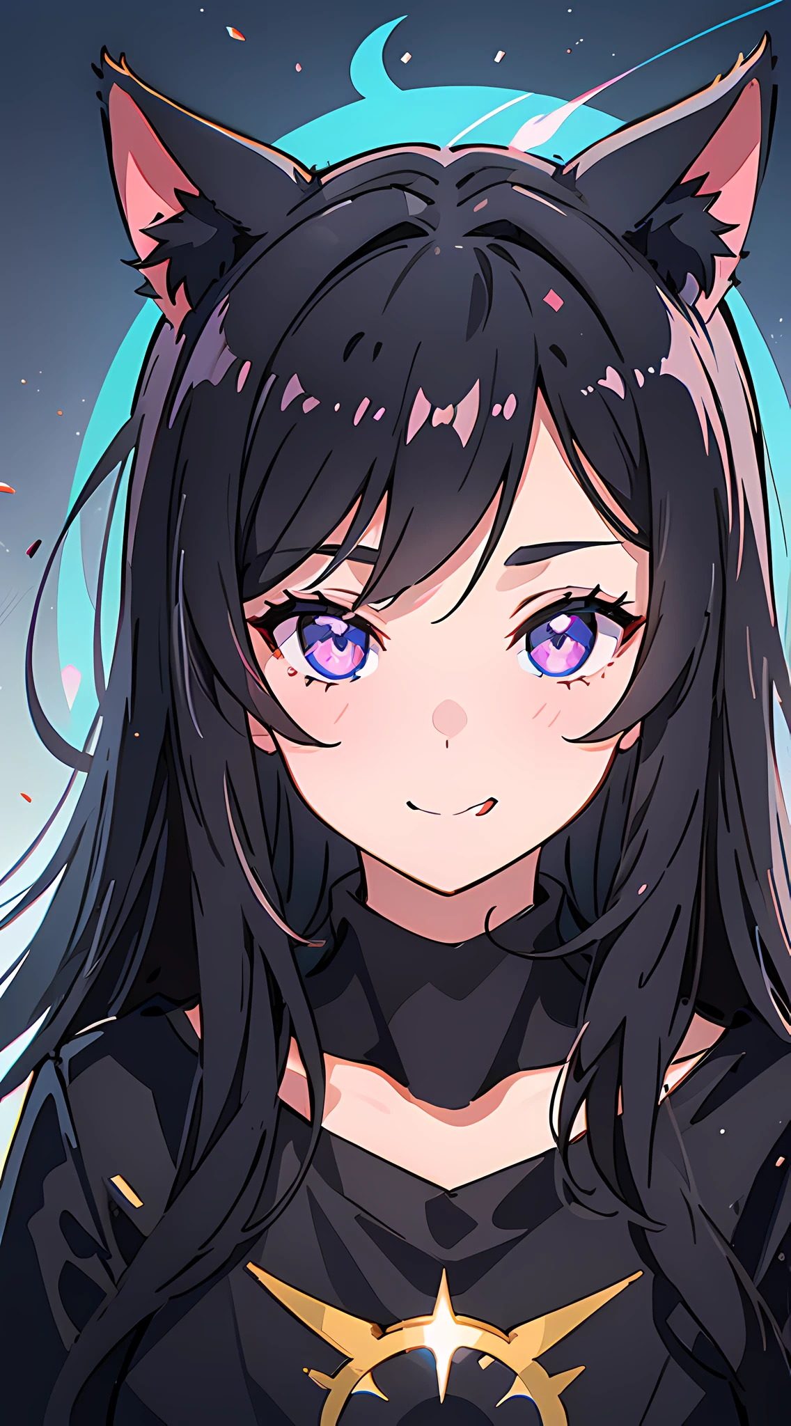 black hair, hair bobbles, wince, longeyelashes, solid circle eyes, fake animal ears, light smile, ear blush, fang, black hair, long hair, halo, cat ears, tongue, Surrealism, drop shadow, anaglyph, stereogram, tachi-e, pov, atmospheric perspective, anime, 8k, super detail, ccurate, best quality, 16k, award winning, best quality, anatomically correct, masterpiece,perfekt teeth,((modern clothes))