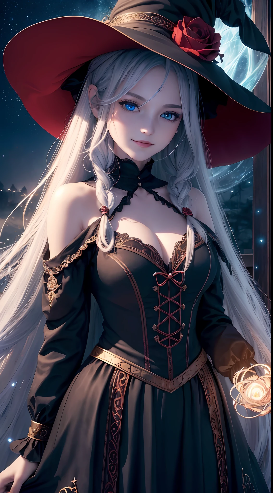 (extremely detailed CG unity 8k wallpaper, masterpiece, best quality, super detail), (charming and charming girl in a deep witch hat decorated with gorgeous golden braids and a charming red rose), (dynamic view, dazzling blue eyes, long silver hair: 1.3, exquisite collection, enchanting smile), (background of magic and mystery, firefly lights, glowing particles, ethereal fog and a shade of darkness), high saturation.
