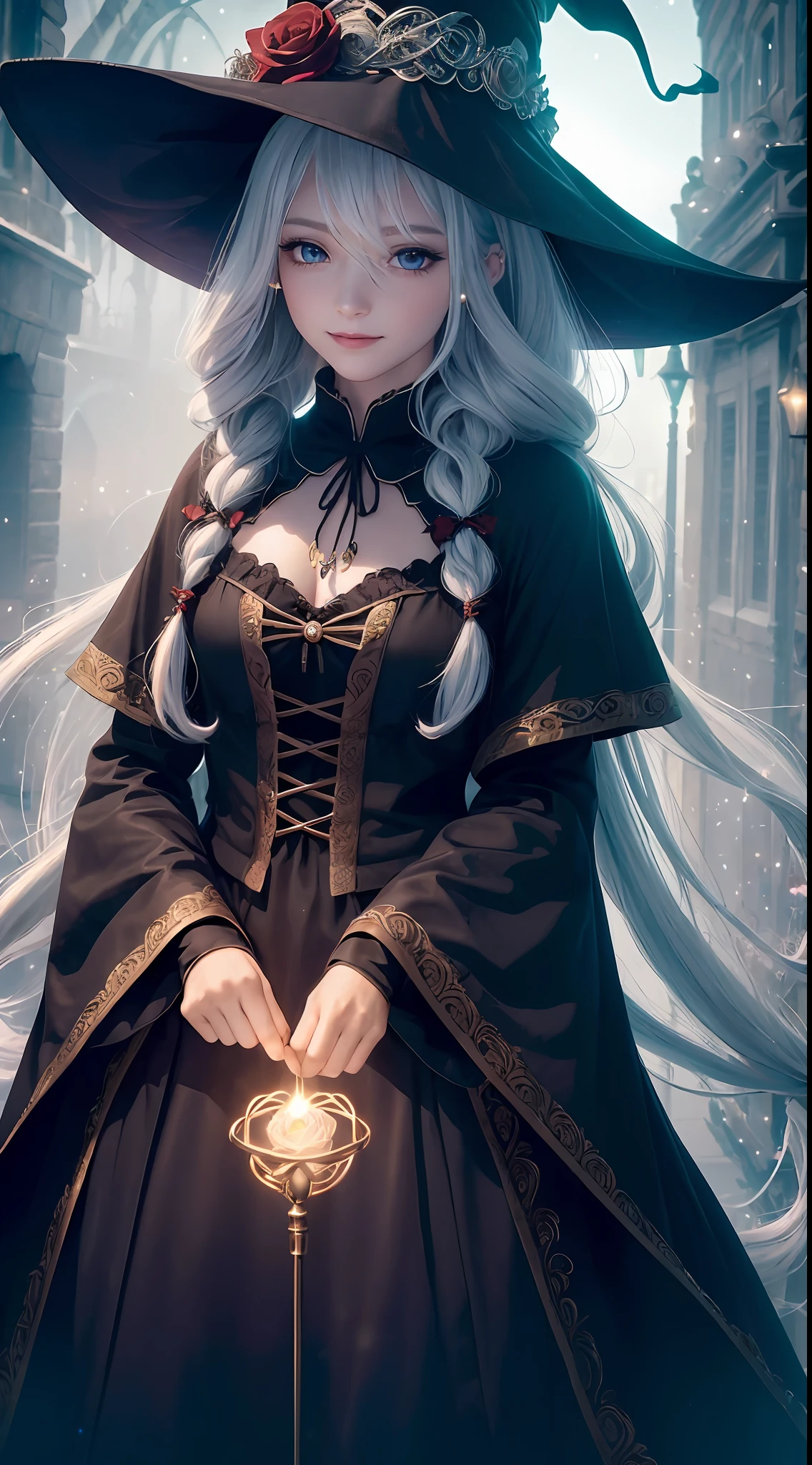 (extremely detailed CG unity 8k wallpaper, masterpiece, best quality, super detail), (charming and charming girl in a deep witch hat decorated with gorgeous golden braids and a charming red rose), (dynamic view, dazzling blue eyes, long silver hair: 1.3, exquisite collection, enchanting smile), (background of magic and mystery, firefly lights, glowing particles, ethereal fog and a shade of darkness), high saturation.
