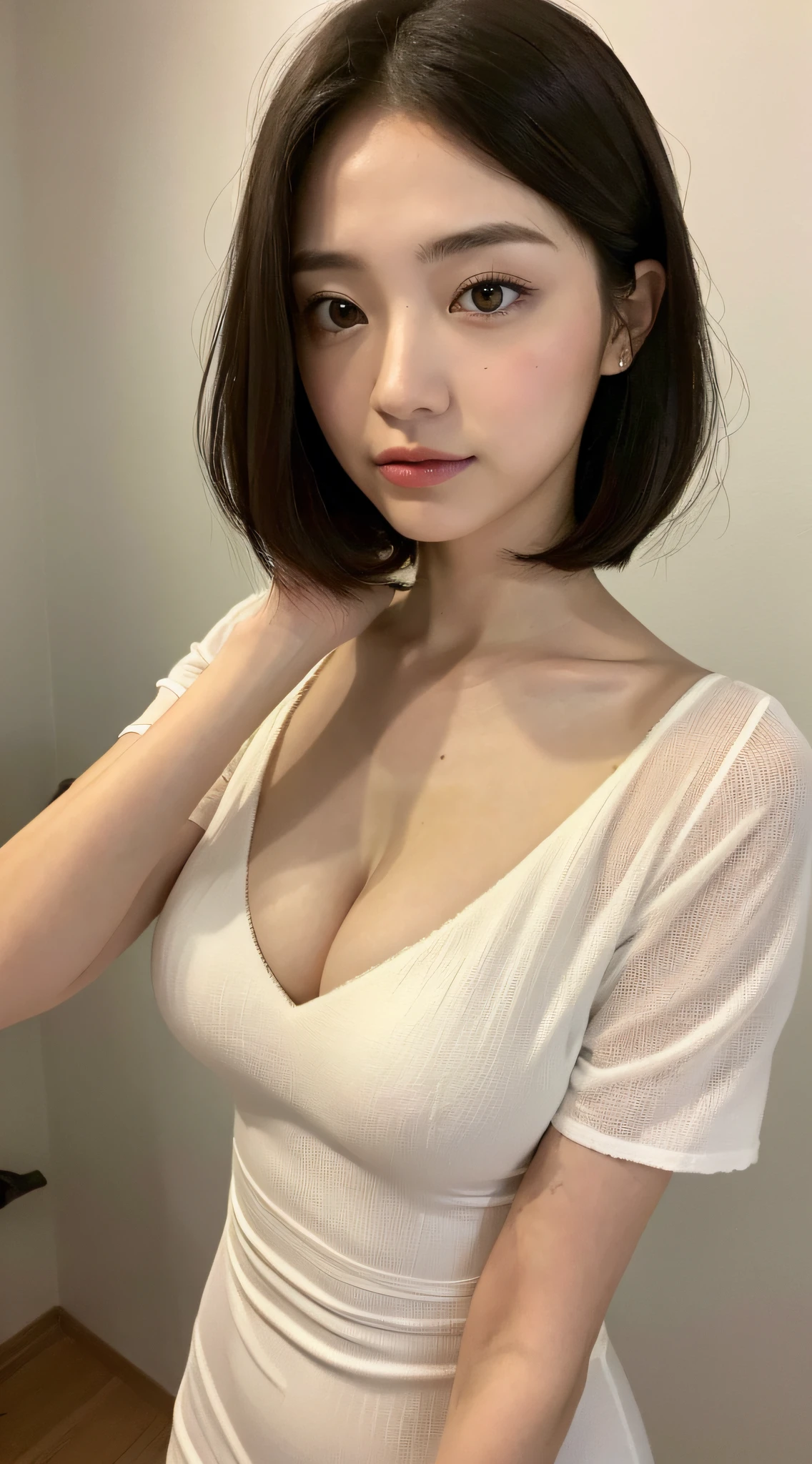 ((Top Quality, 8k, Masterpiece: 1.3)), Sharp Focus: 1.2, Beautiful Women with Perfect Body: 1.4, Slim Abdomen: 1.2, ((Layered Haircut, Big: 1.2)), (No Bra) (Elegant dress with short sleeves: 1.1), (White background: 1.2), highly detailed face and skin texture, Detailed eyes, double eyelids, white skin, sexy, exposed shoulders, cleavageFemale Japan hostess