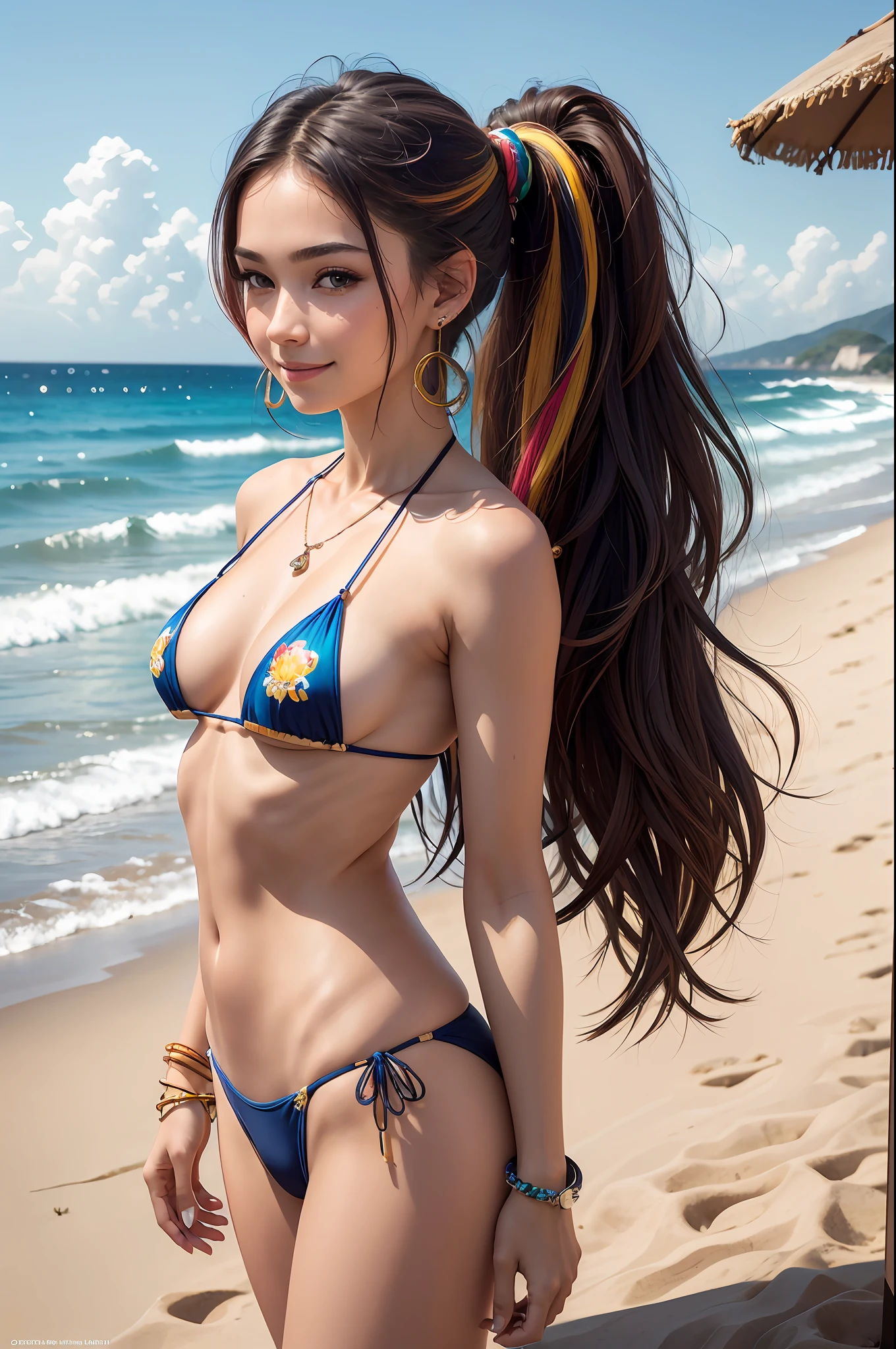 (Masterpiece: 1.5), (Best Quality: 1.5), High Resolution, High Detail, 1 Girl, Solo, Skin Highlight, Sharpen, Clear, straight hair, ponytail, multicolored hair, Jewelry, bracelet, earrings, cowboy shot, pale skin, smile, beach, tiny micro bikini, (small boobs)