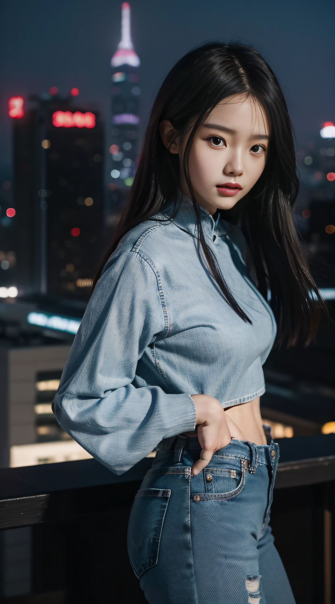 A Chinese woman on the rooftop of a tall building at night, delicate face, bright, real girl, large aperture, wearing jeans, tight jeans, cropped jeans, cropped tops, tights,