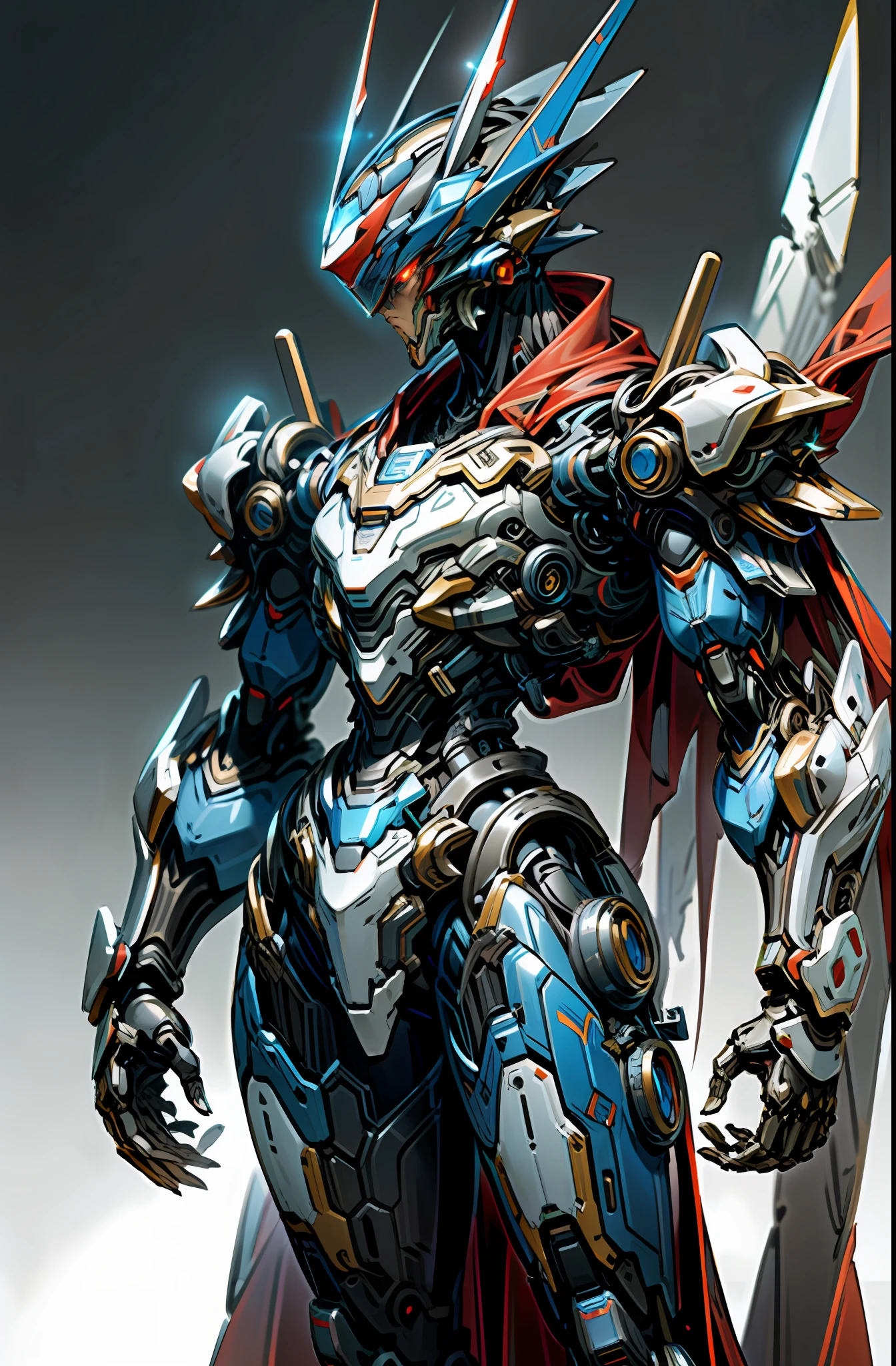 mechanical, cyberpunk, (Megaman X, Blue  armor, fluttering red cape, helmet, : 1.1), 1man, mechanical wonder, robotic presence, cybernetic guardian, booster,