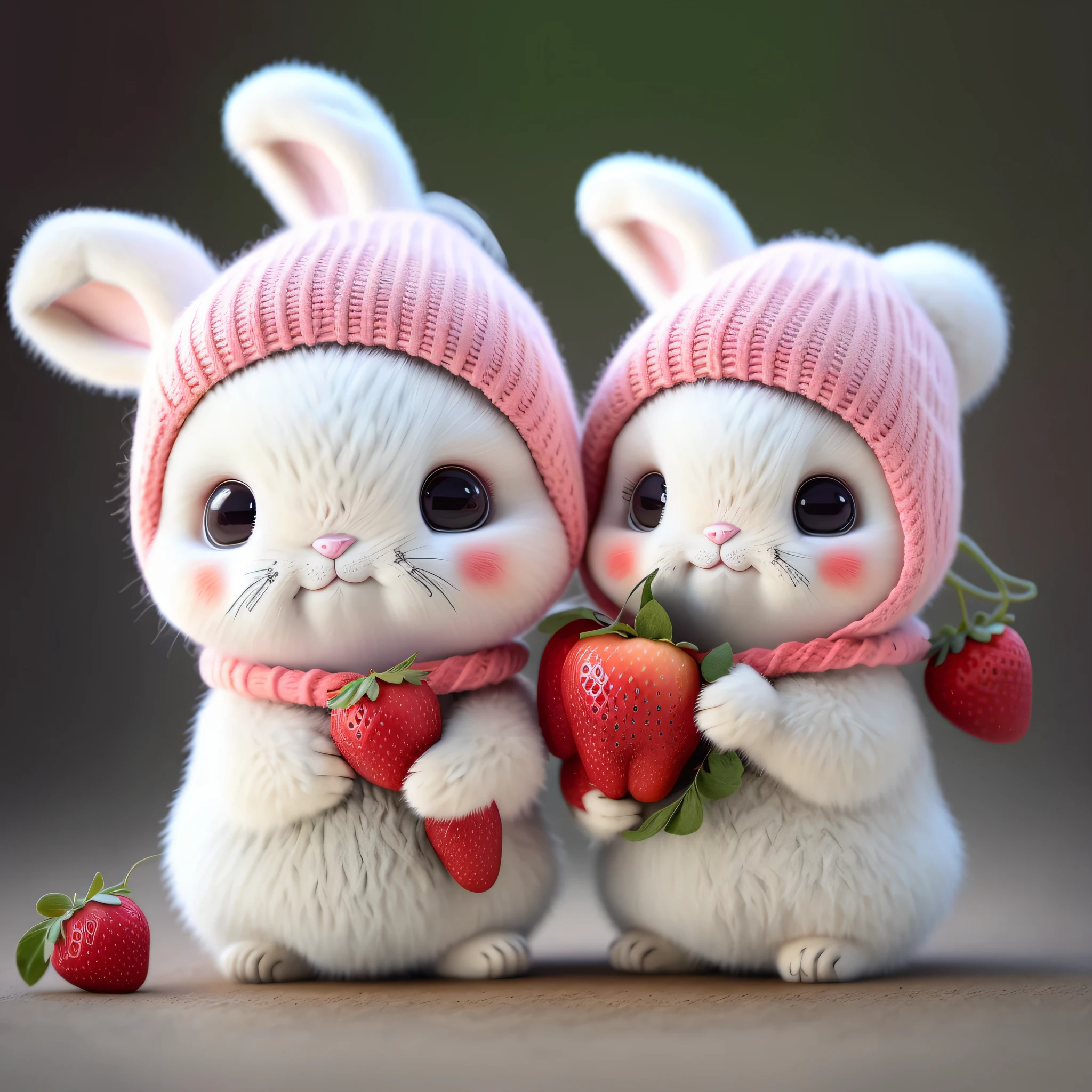 : 3. bunny, realistic, furry animal, apple, black eye, blush, cherry, food, fruit, full body, hat, non-human, strawberry, tomato, watermelon