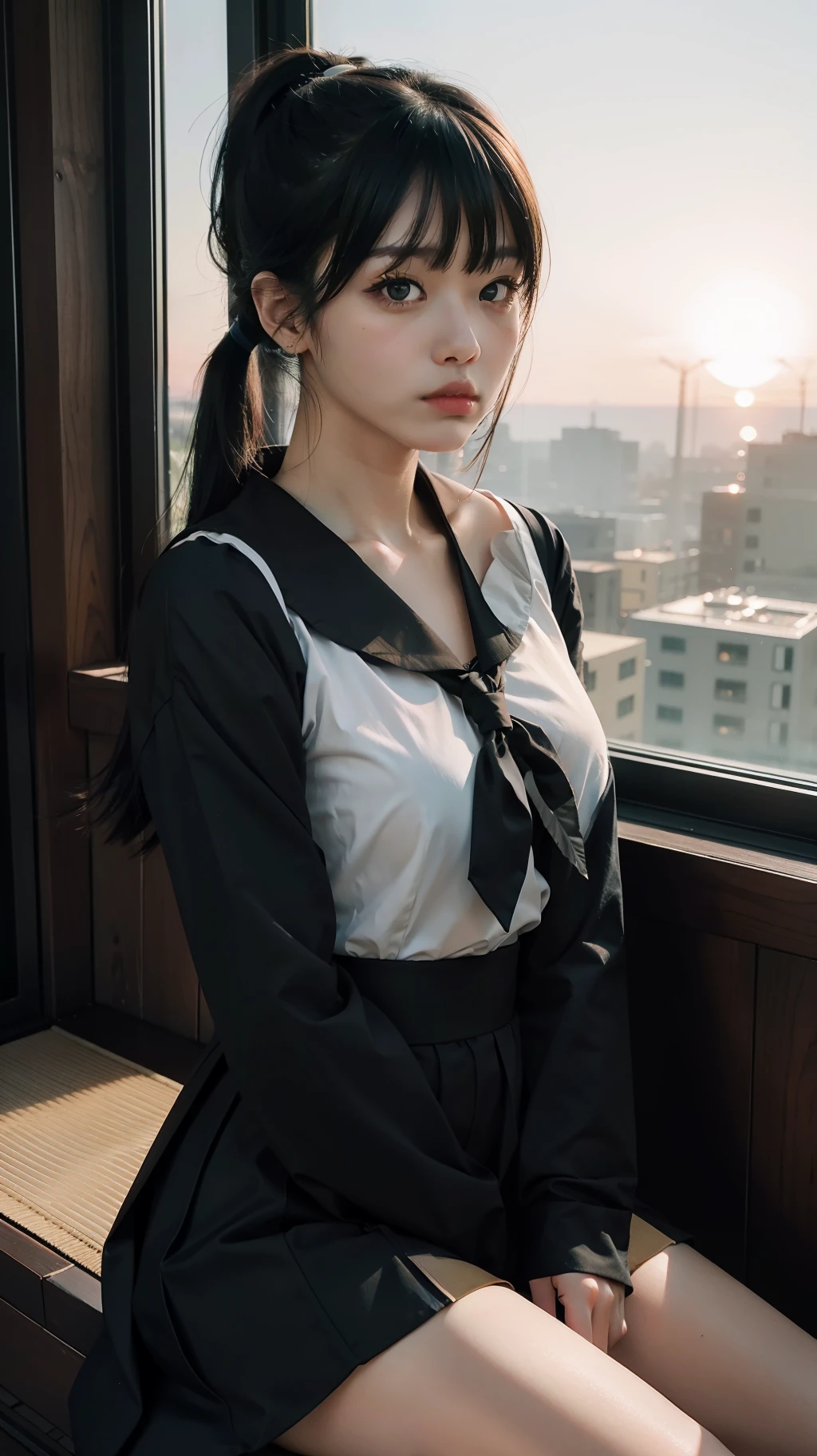 1girl, hyper realistic, super detailed, sitting in the window, sunset sky, medium sized breast, wearing tight black japanese seifuku, pony tail hair with bangs, portrait image, analog styled film style image