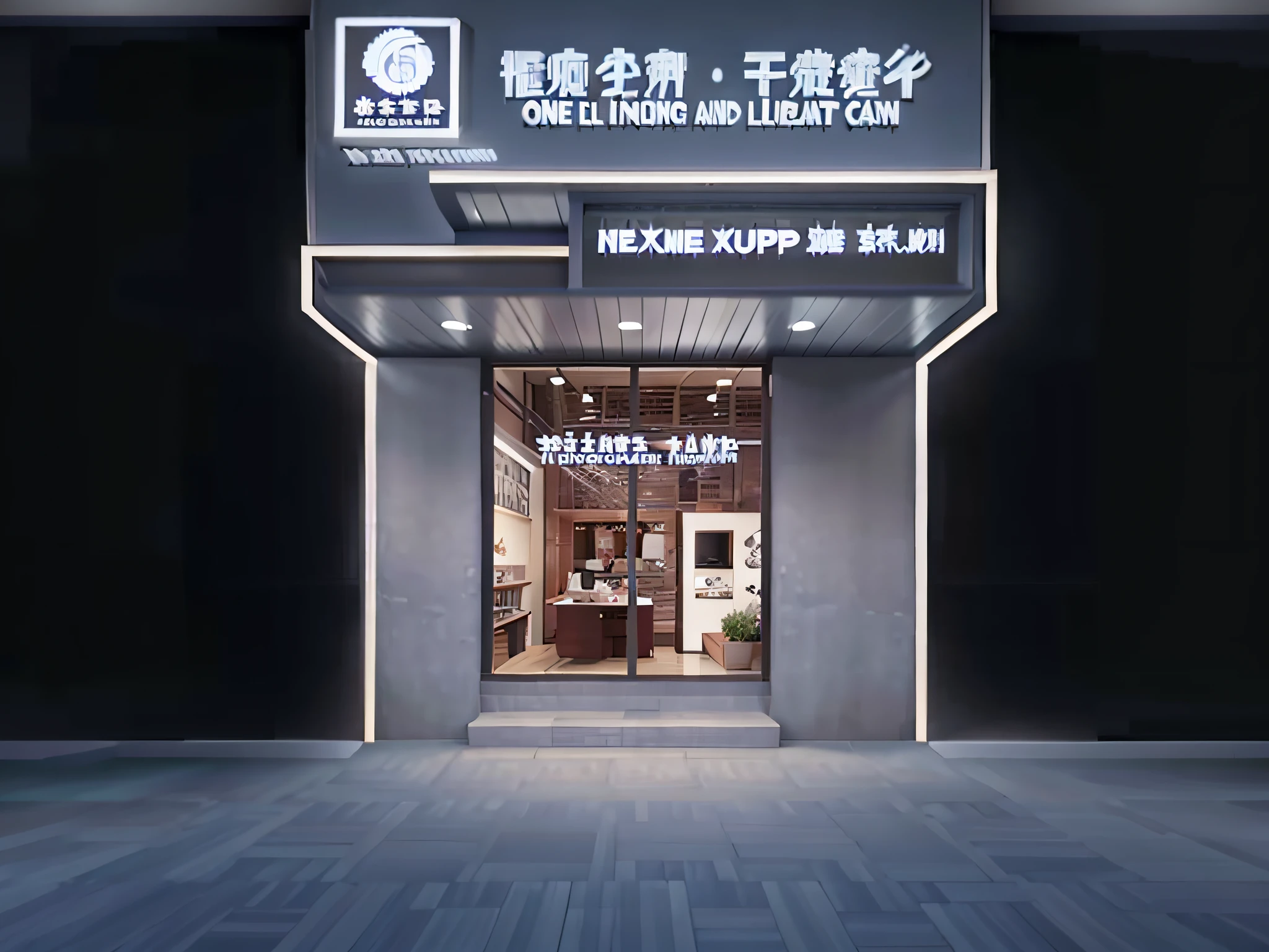 Alavid view of building with signs and windows, showroom scene, storefront, storefront, warm street lamp storefront, official store photos,
