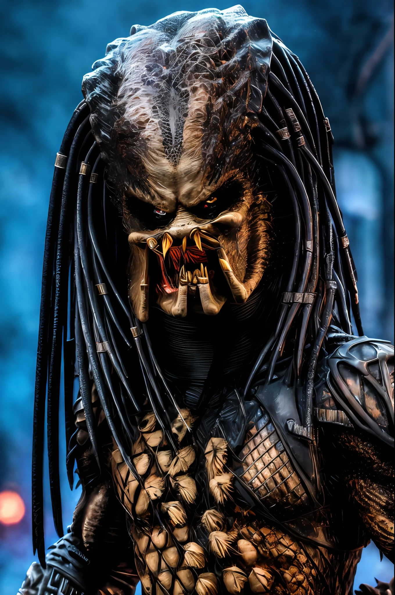 dark scene, a ((close-up portrait)) of a Yautja predator with sharp teeth, detailed head and face, perfect teeth,  perfect body, night, city street, mist, particles, serious, dark armosphere, detailed background, high quality, award winning ,  in the style of Jim Lee, Marvel Comics,