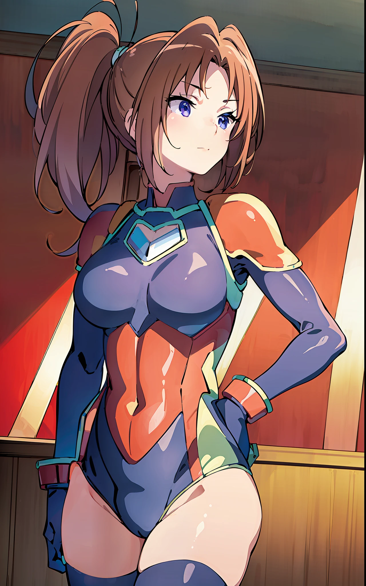 (masterpiece, best quality, 8k, highres:1.2), leotard, highleg, groin, thighhighs, elbow gloves, hero suit, faint smile, super girl, crystal on chest, color timer, ultra heroine, body armor, body suit, chest armor, wrestling ring