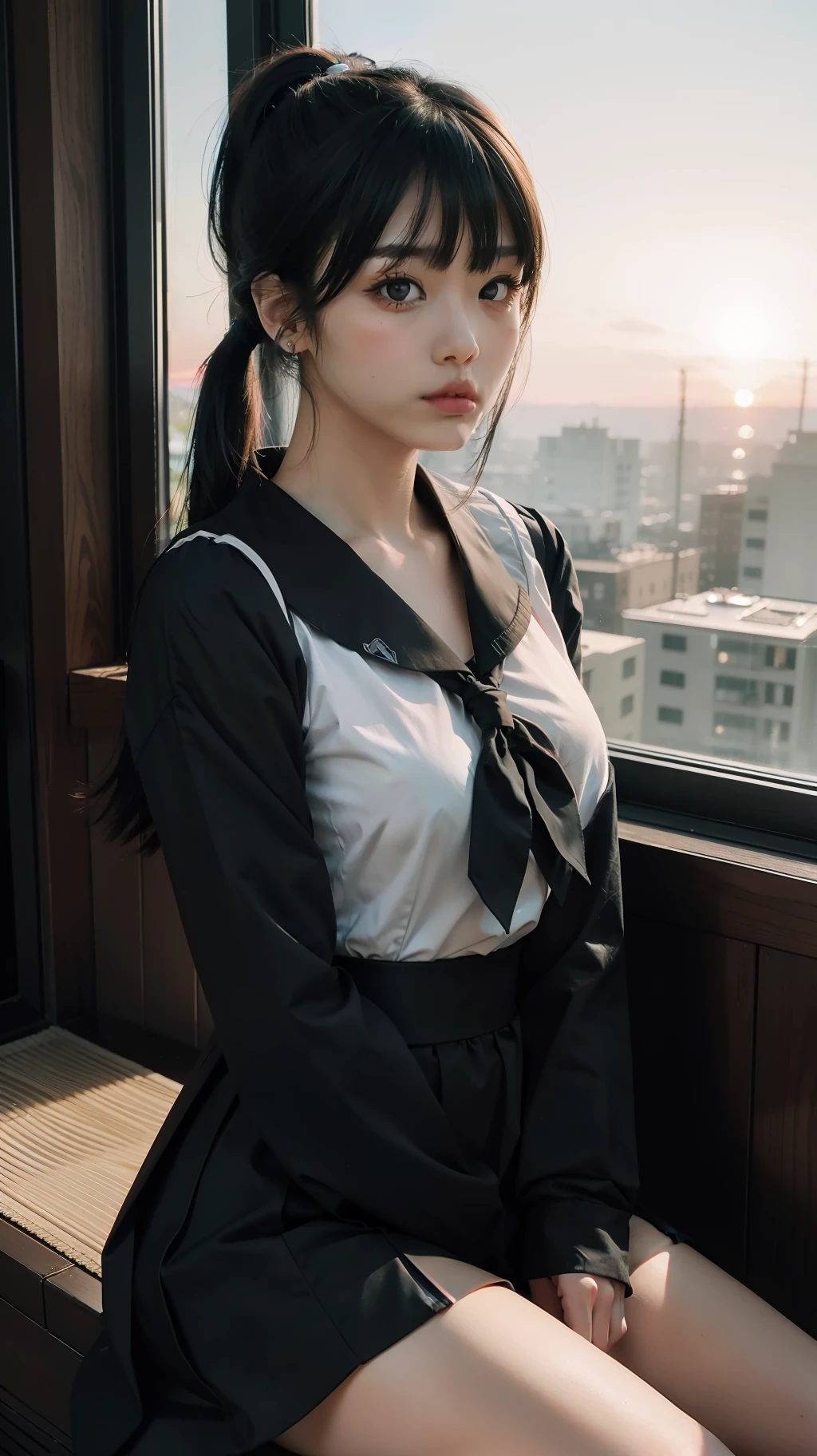 1girl, hyper realistic, super detailed, sitting in the window, sunset sky, medium sized breast, wearing tight black japanese seifuku, pony tail hair with bangs, portrait image, analog styled film style image