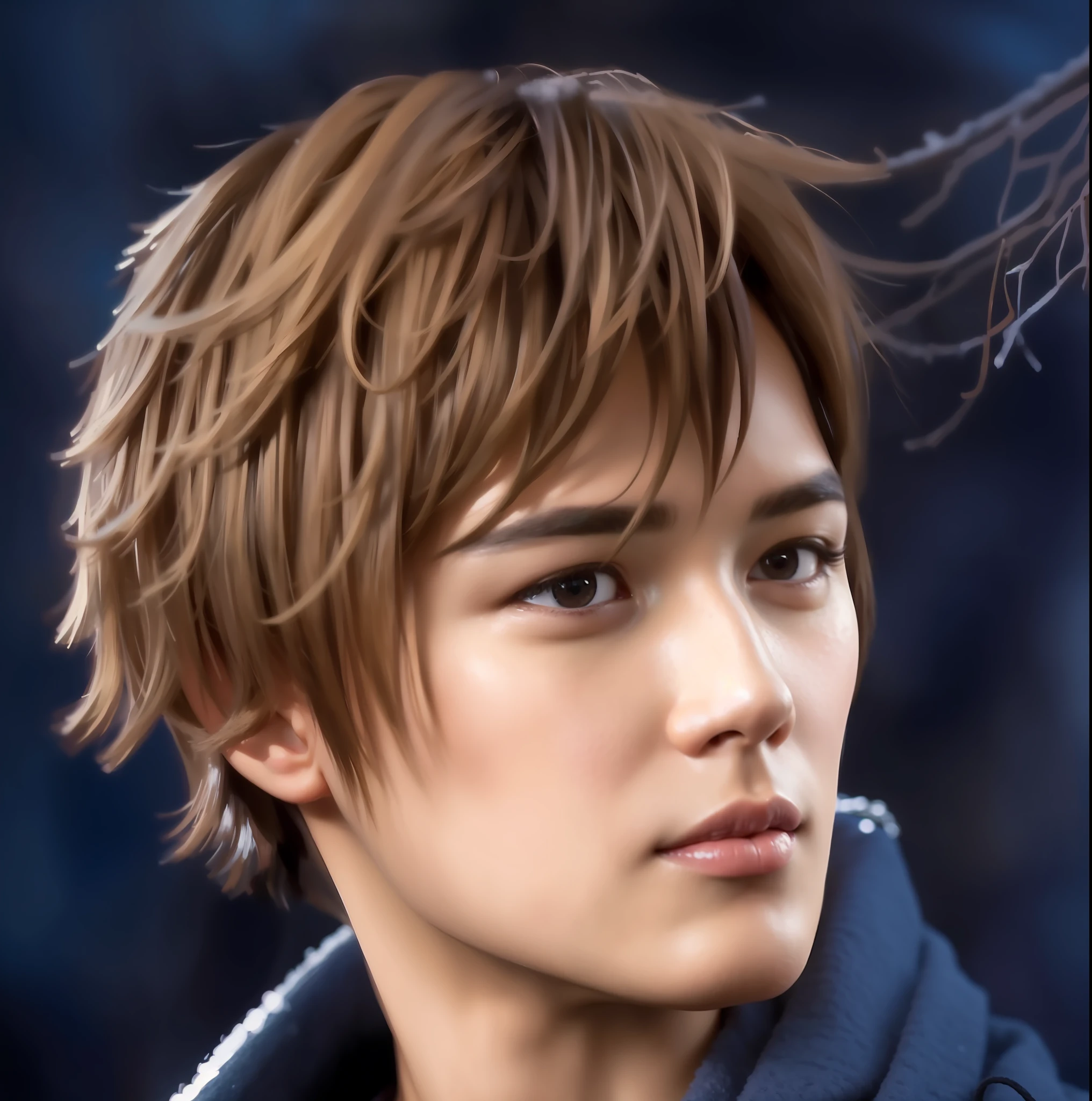 best quality, masterpiece, (photorealistic:1.4), 1boy, solo, short hair, big eyes, brown coat,scarf,  ((upper body:1.3)), dramatic lighting, looking at viewer, standing, outdoors, snow, cityscape, streets, buildings,