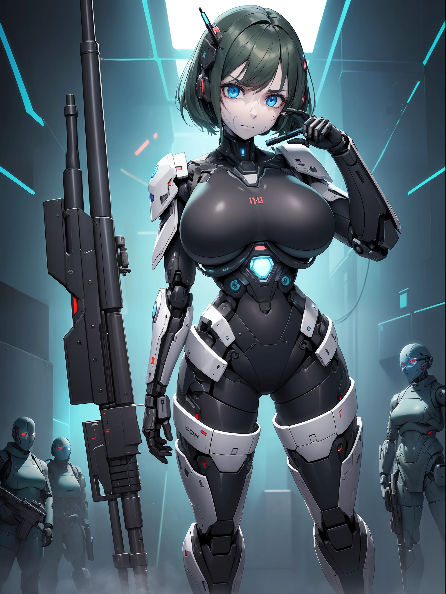 ((Full body):1.5), (({1/20 years}):2). Only {1/20 year old woman}:((in futuristic black clothing, with mechanical parts in blue):1.3). Only {1/20 years old}: ((has extremely large breasts):1.5). Only {1/20 years old}:((has light blue eyes, very short dark green hair):1.3), is looking at the viewer with ((face of despair and veins appearing on his forehead):1.3), ((posing with a futuristic rifle):1.5). In a lab ((full of malevolent robots made of pure metal): 1.6), all the robots are chasing after only {1/20 year old}) who is standing. anime, anime style, 16k, high resolution, ((best quality, high details: 1.5)), UHD, ((masterpiece)), cartoon, real, Fantexi