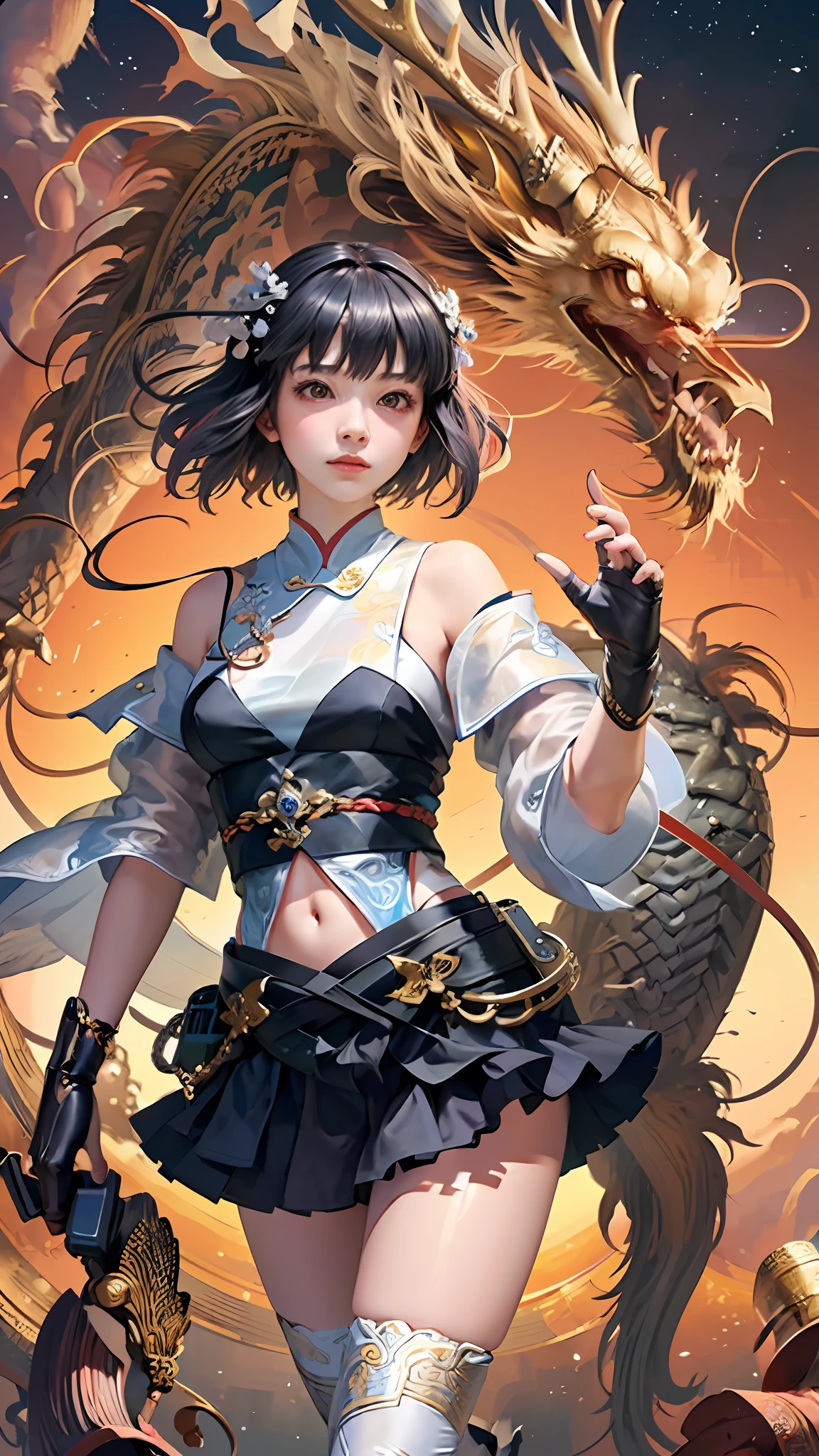Official Art, Unified 8K Wallpapers, Ultra Detailed, Beautiful and Aesthetic, Masterpiece, Best Quality, (Zentangle, Tangle, Entangle), (fractal art: 1.4), 1girl, black hair, Chinese, chinese girl, kawaii, children's girl, off-the-shoulder, short skirt, calf, navel, very detailed, dynamic angle, cowboyshot, (most beautiful form of chaos), ethereal, (bright colors), oc, (half: 1.2), china, (thangka flying sky: 1.5), (ribbon: 1.3), (dream: 1.5), (hanfu: 1.5), Chinese dragon, Chinese phoenix, (smile: 0.5), ( Chinese deities),