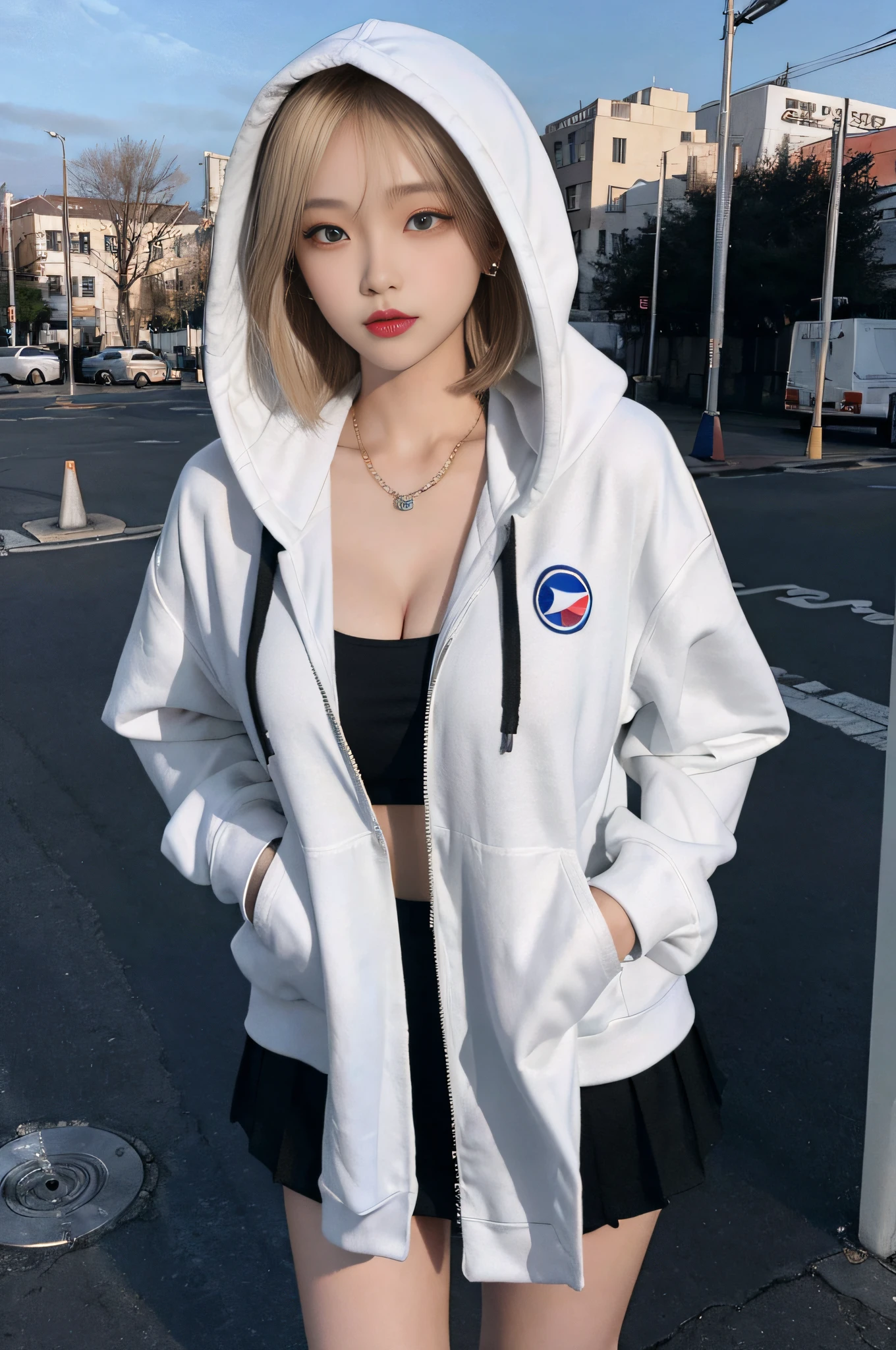 17-year-old cool Korean, big round breasts, cleavage, hooded hoodie with super cropped length, cropped length cut and sewn, skirt, beautiful eyes in detail, eyelashes, beautiful double eyelids, eyeshadow, slender eyes, thin beautiful thighs, beautiful thin legs, perfect eye makeup, bright blonde hair, bob cut, , necklace, earrings,