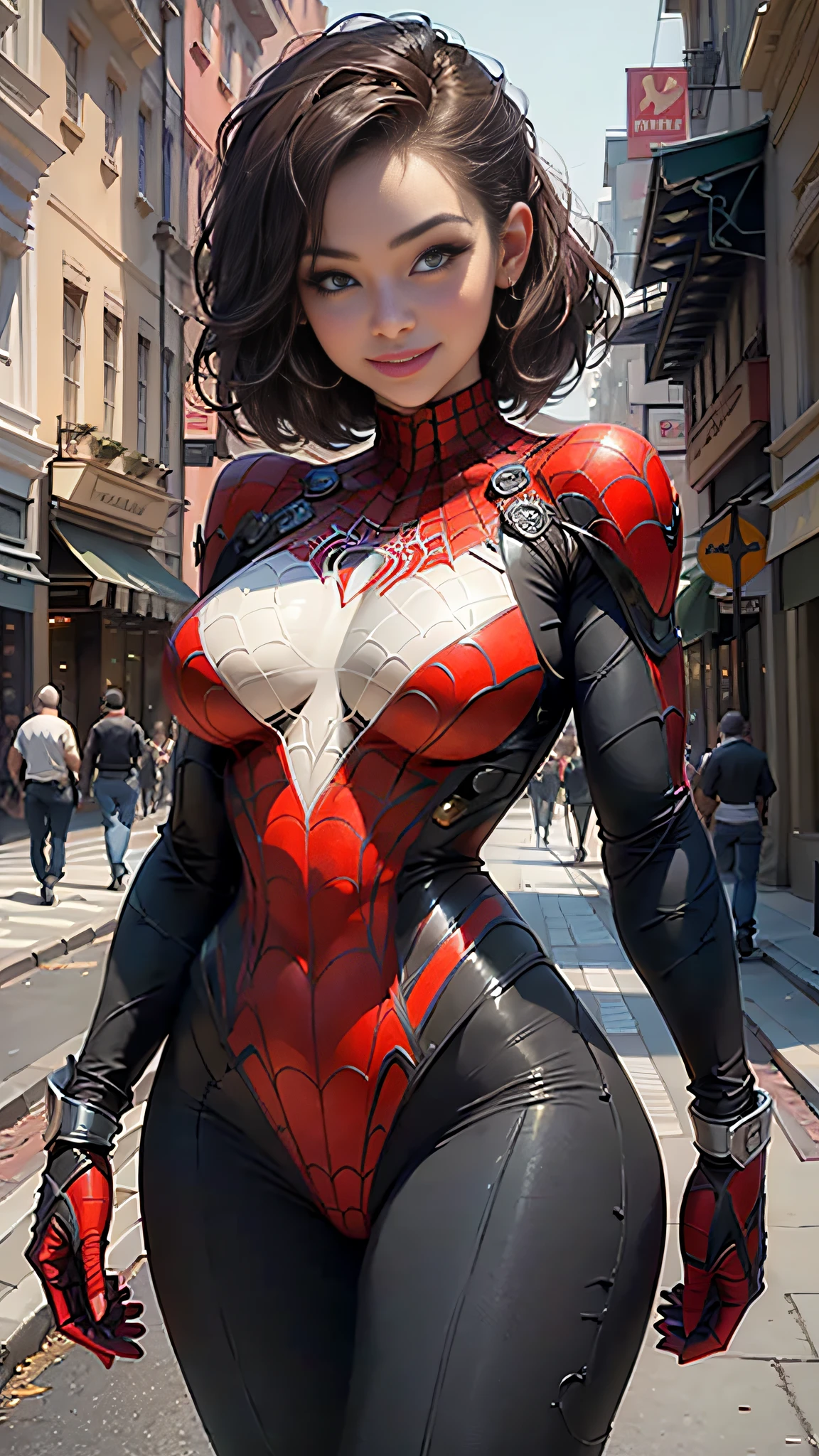 Masterpiece, HD, detailed details, beautiful woman detailed defined body using Spider-Man roleplay, big breasts, smile, delicate facial features, perfect face, fair skin, short hair, city streets